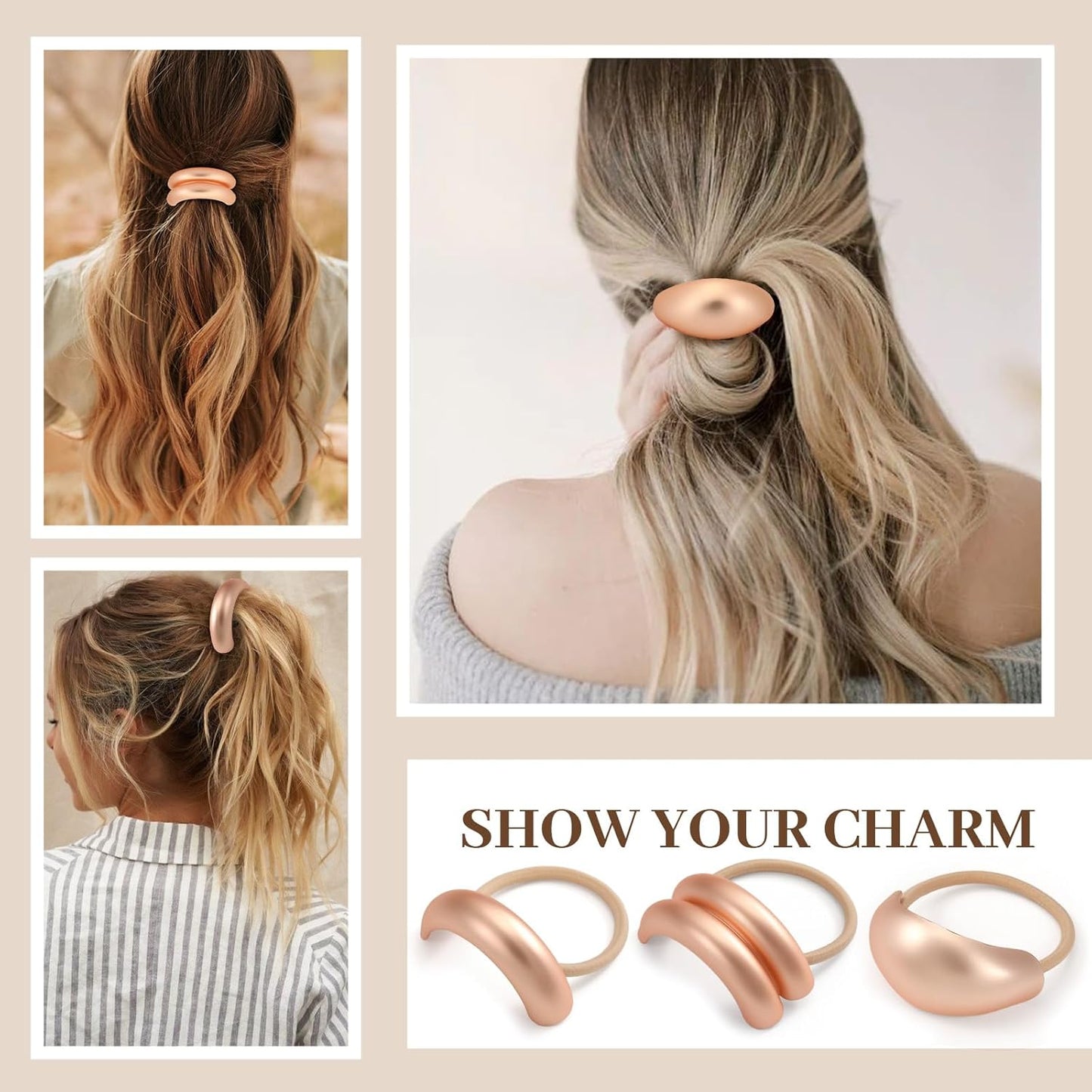 3PCS Pink Gold Hair Ties, Metal Hair Ties for Thick Hair, Elegant Durable Geometric Design Hair Cuffs, Gold Hair Accessories Stretchy Non-Damage Ponytail Cuff Holders Holiday Gifts