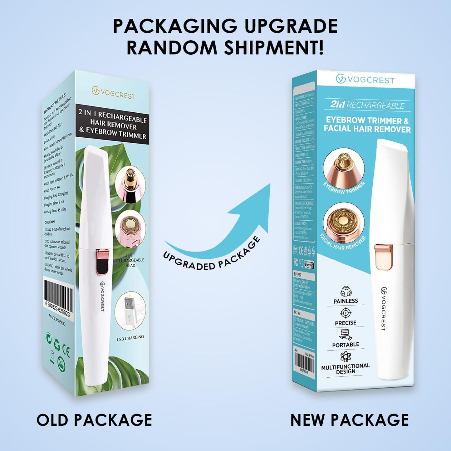 Rechargeable Eyebrow and Facial Hair Remover for Women - 2 in 1 Razor with Built-in LED Light for Painless Hair Removal