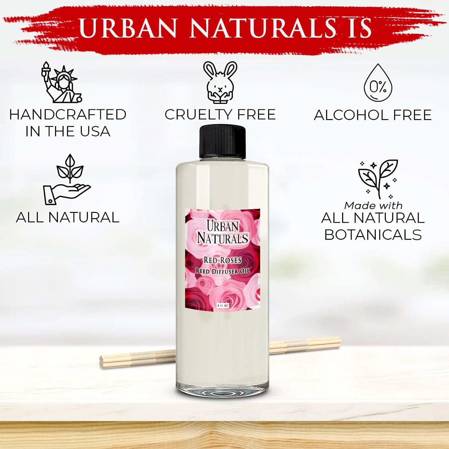 Urban Naturals Reed Diffuser Oil Refill Red Roses with White Peony, Cashmere Wood 8 oz + Free Reed Sticks, Made in The USA