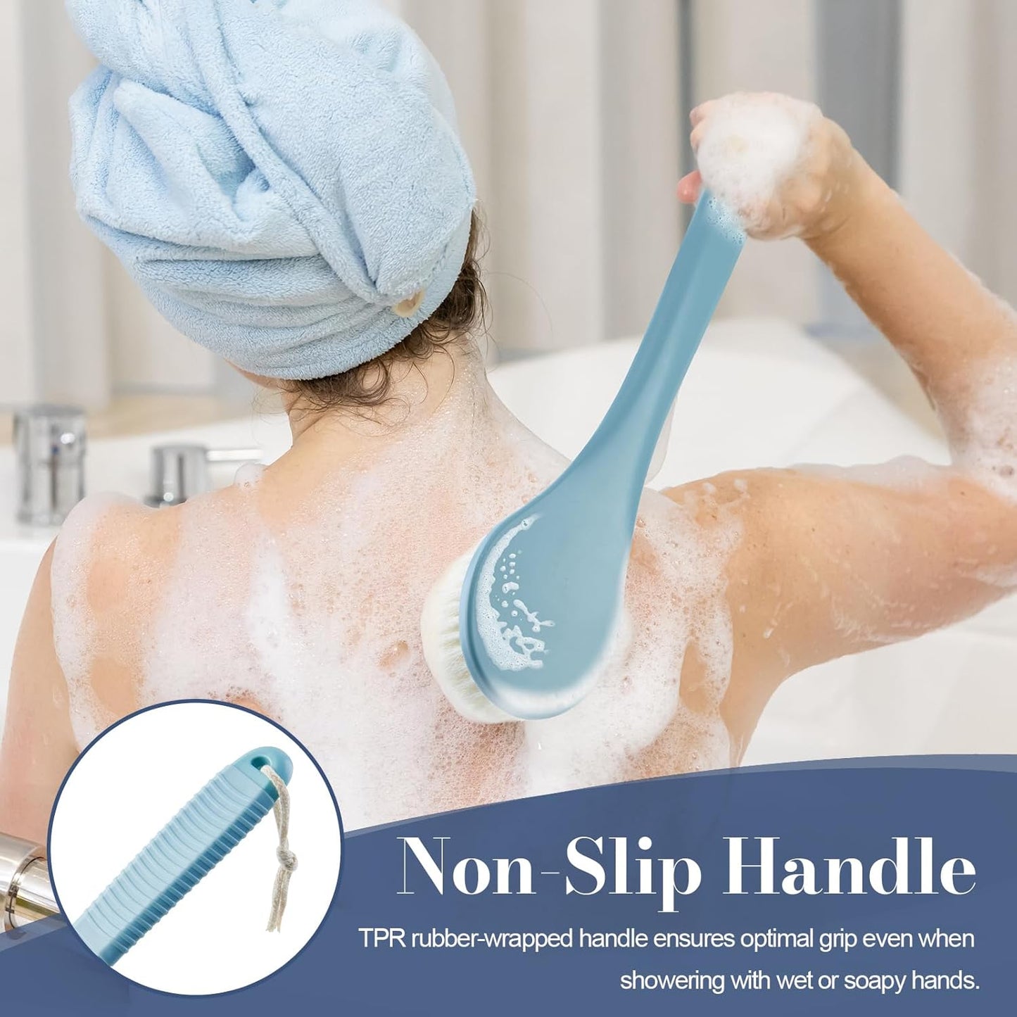 Back Scrubber for Shower, Shower Body Brush for Cleaning with Long Handle for Showering, 17 Inch Back Washer Exfoliator for Shower Men Women with Non-Slip Handle, Adhesive Hook (Blue)
