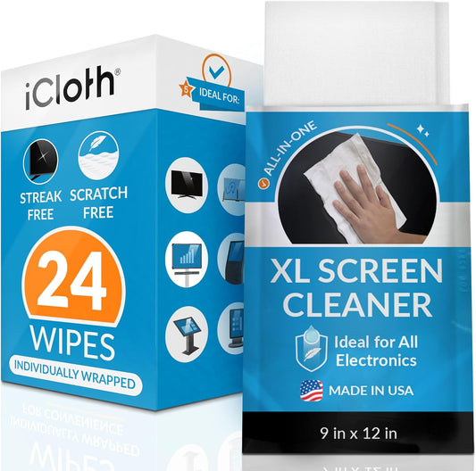 iCloth XL Screen Cleaning Wipes, Lint-Free and Streak-Free, Fast-Drying, Removes Dust, Fingerprints, and Smudges (24 XL Wipes)