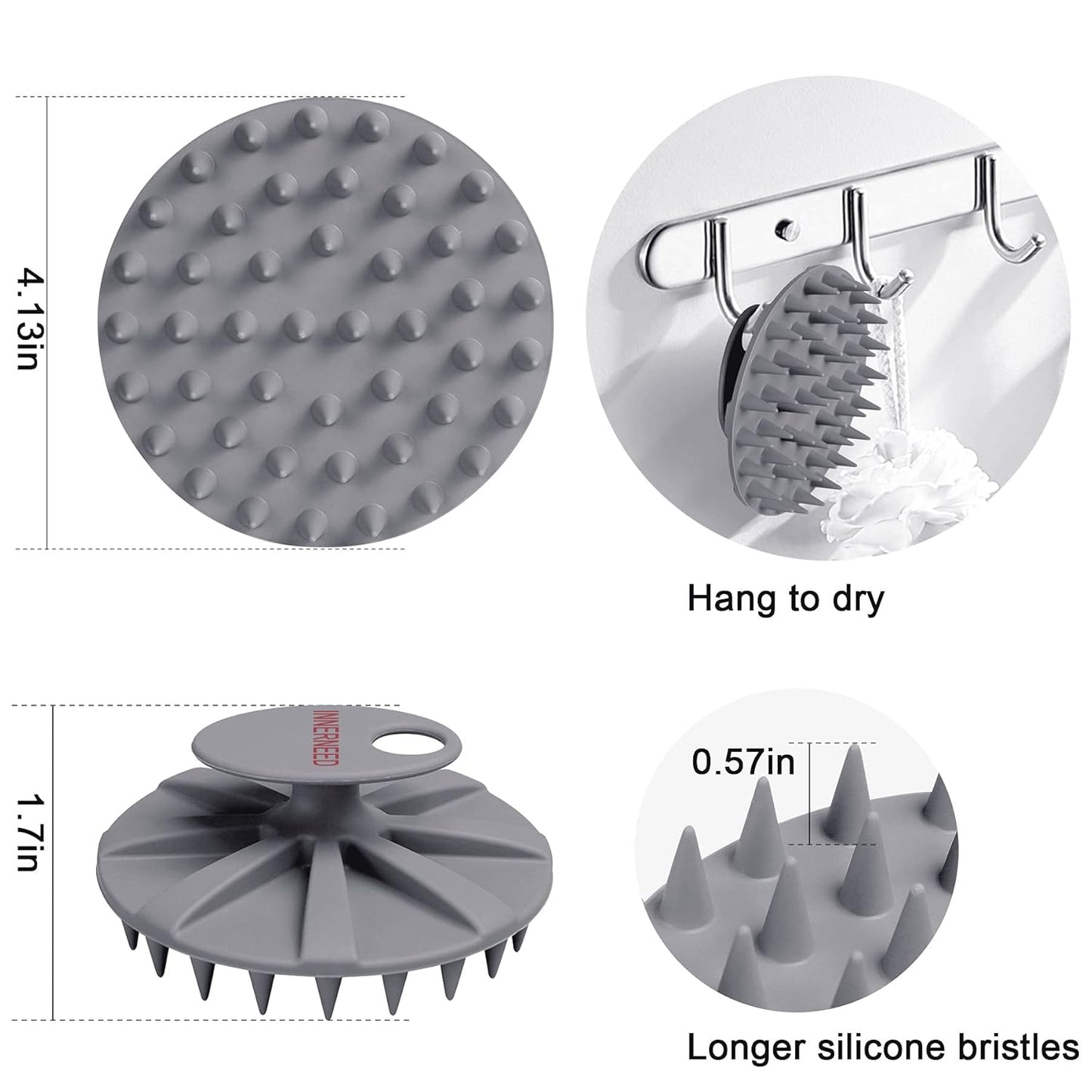 INNERNEED Scalp Massager Shampoo Brush, Wet & Dry Manual Scalp Care Head Scrubber Hair Washing, Soft Silicone Bristles, for Hair Growth, Dandruff Removal (Pack of 4)