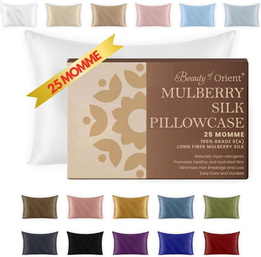 25 Momme Premium Mulberry Silk Pillowcase for Hair and Skin | Handcrafted Hypoallergenic & Anti-Acne White Silk Pillow Cases with Zipper | Queen - 20" x 30", Natural Undyed White