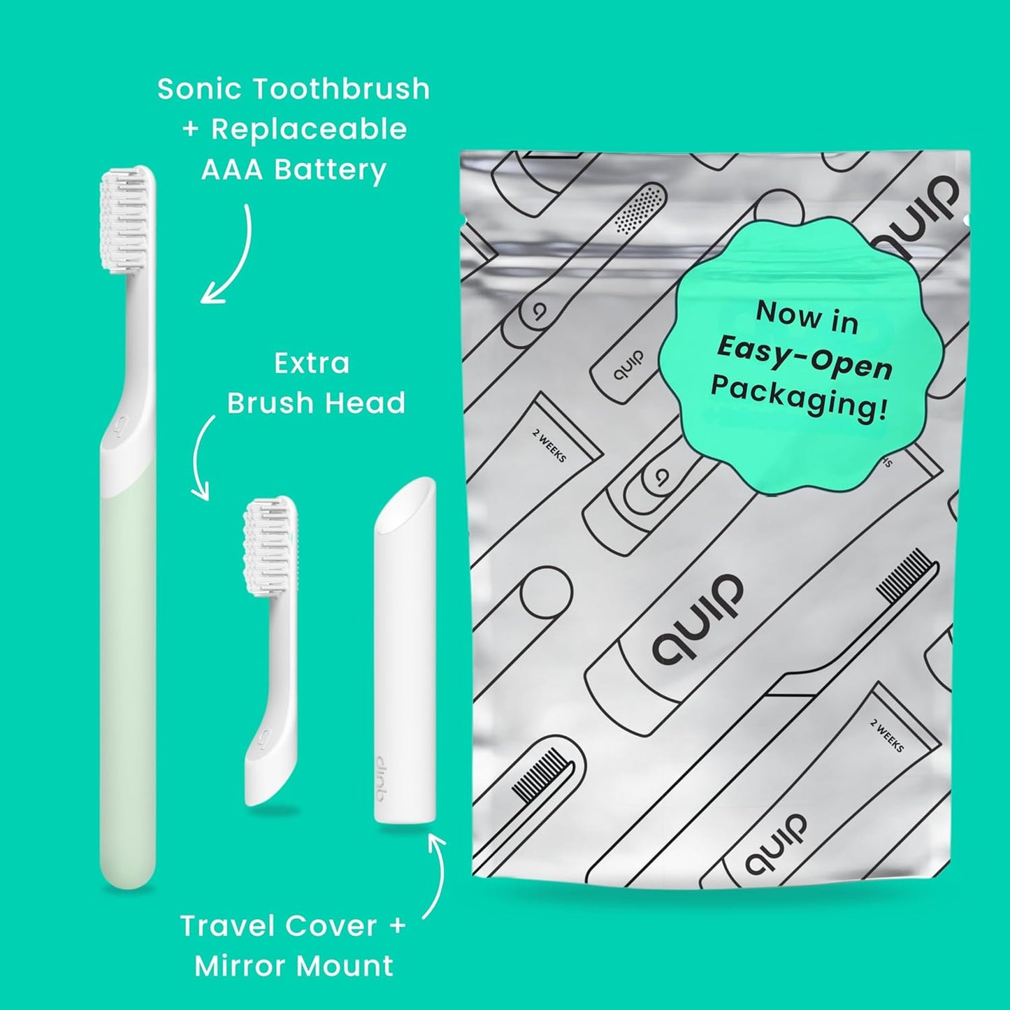Quip Plastic Sonic Electric Toothbrush for Adults - Time Travel & Soft Bristles with Travel Case & Replacement Brush Head - 3 Month Battery Life - Sage Green