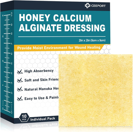 Manuka Honey Calcium Alginate Wound Dressing, 2"x 2" High Absorbency Honey Wound Dressing with Calcium Alginate, Medical Grade Manuka Honey Wound Care Bandages Patches for Wounds(Pack of 10)
