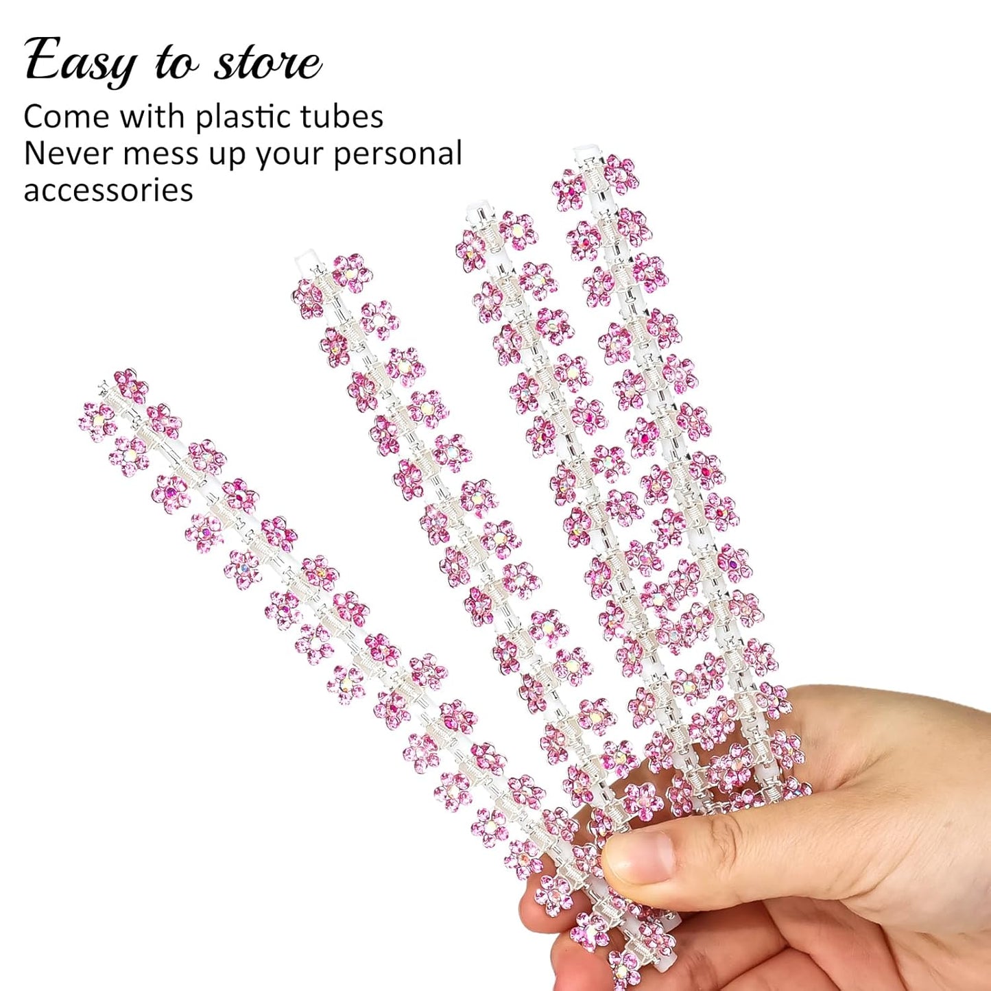 65PCS Mini Pink Flower Hair Clips with Rhinestone Mini Glitter Teeth Rhinestone Flower Hair Accessories - No-Slip Grip Metal Jaw Clamps for Girls Women (Silver-Pink Crystal)