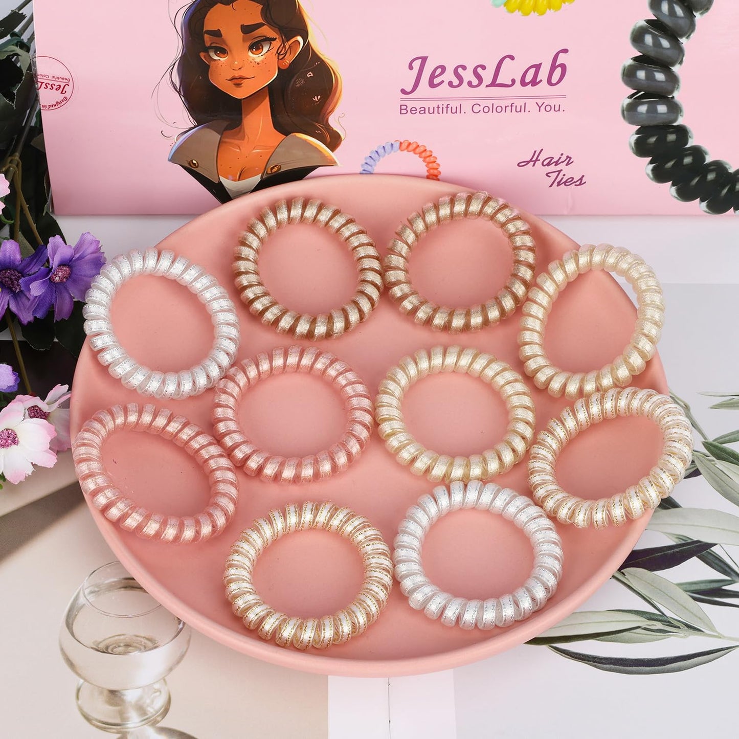 JessLab Spiral Hair Ties for Women, 10-Pack Traceless No-Damage Ponytail Holders, Coils Hair Bands for Girls, Assorted Colors