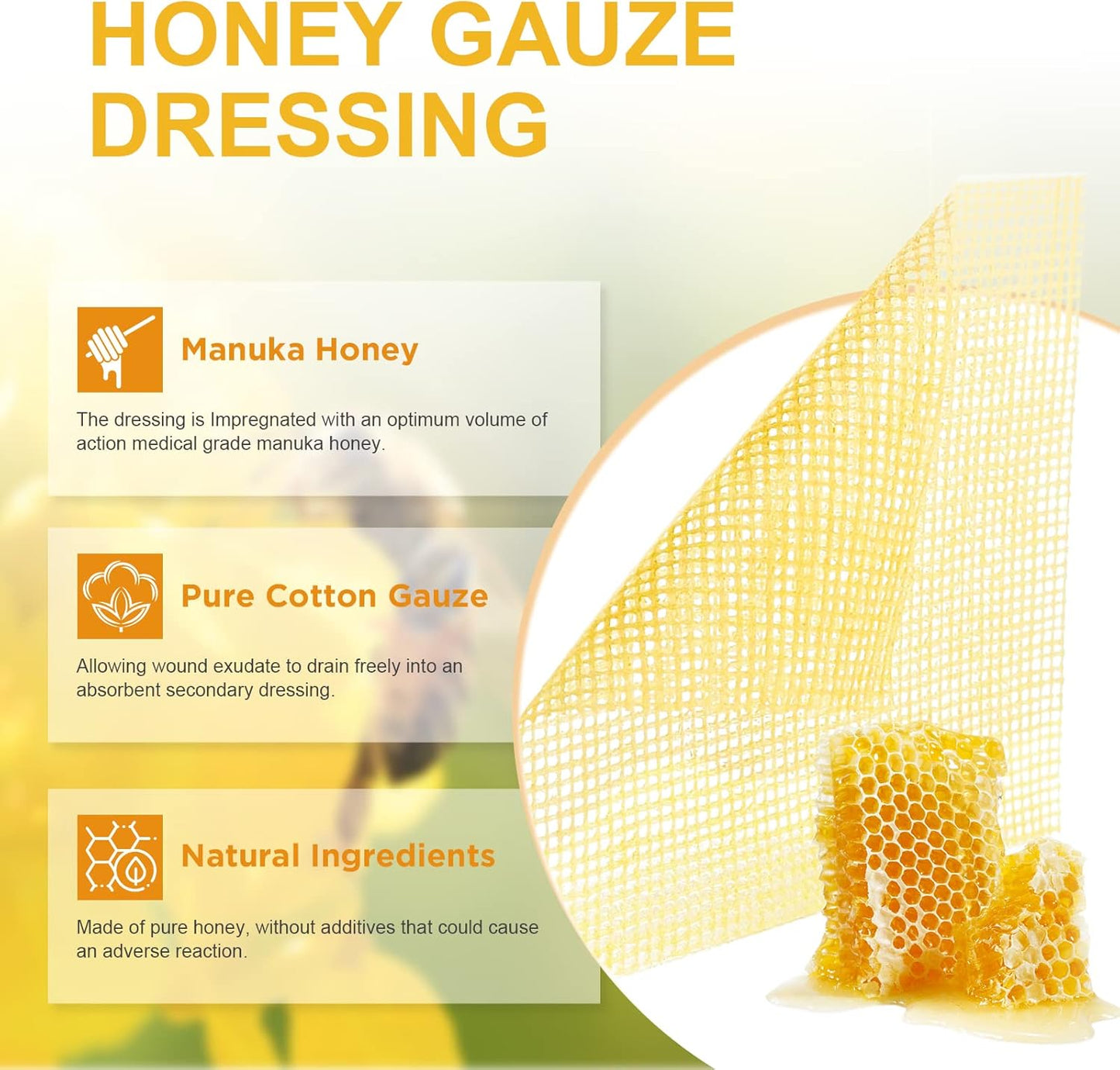 Honey Gauze Wound Dressing, 4" x 4" Manuka Honey Wound Care, Medical Grade Honey Bandages for Wound Care, Honey Patch for Faster Healing from Burns, Abrasions, Cuts and Scalds (Pack of 10)