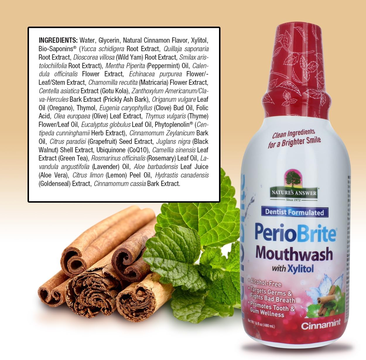 Nature's Answer PerioBrite Alcohol-Free Mouthwash, Cinnamon, 16-Fluid Ounce | Whitens Teeth | Freshens Breath | Removes Plaque | Minimizes Dry Mouth (Pack of 2)
