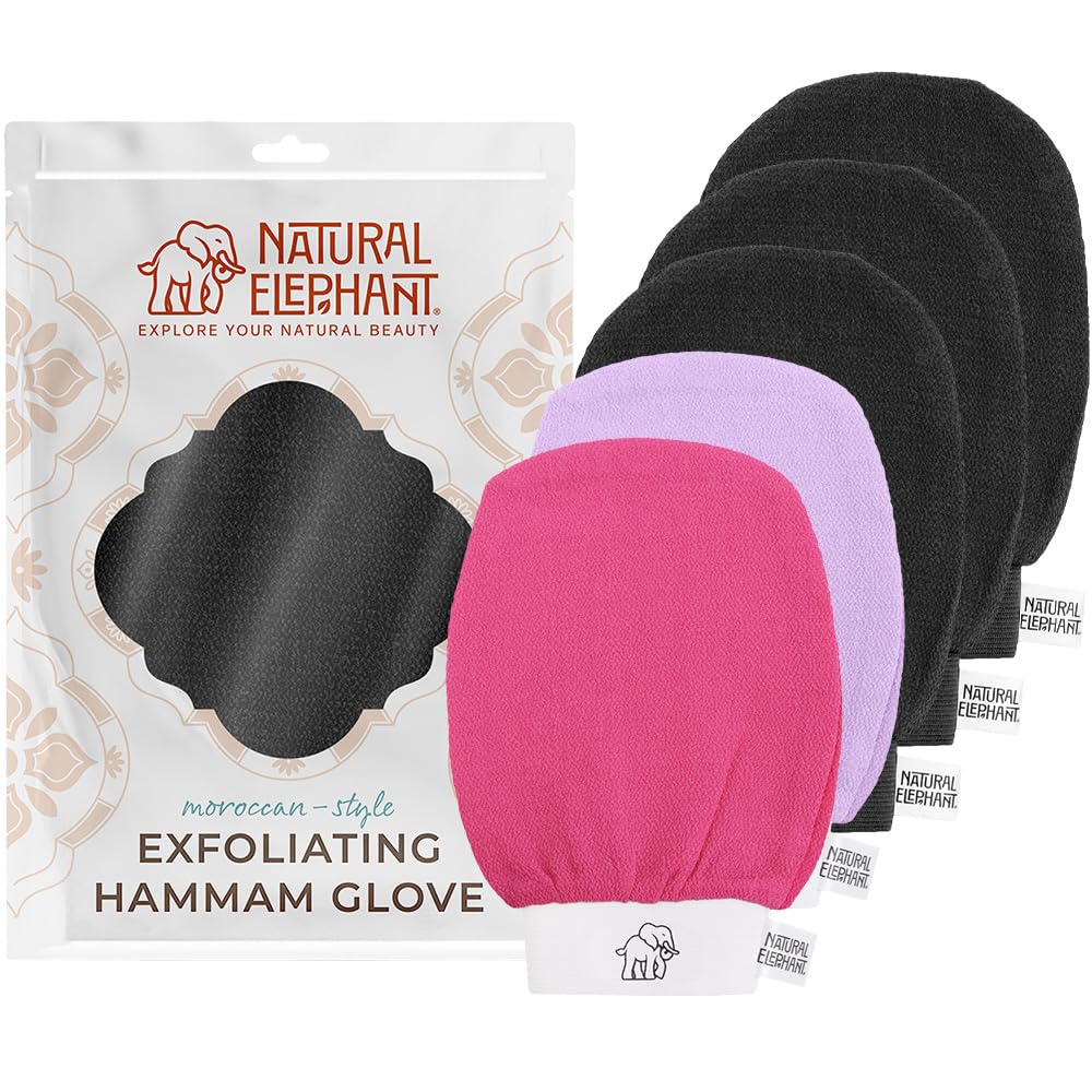 Natural Elephant Exfoliating Hammam Glove - Face and Body Exfoliator Mitt 5 and 10 Packs (3 Black, 1 Pink, 1 Lilac (Pack of 5))