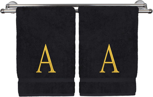 Monogrammed Hand Towel, Personalized Initial Gift, Extra Absorbent 100% Turkish Cotton - Soft Terry Finish - Set of 2 - Gold Block Initial A - Embroidered on Black Towels