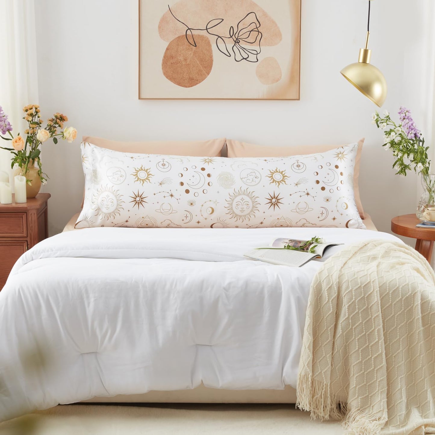 EXQ Home Satin Body Pillow Pillowcase Super Soft Silk Pillowcase, Body Pillow Cover with Envelope Closure White Moon (20"x54")