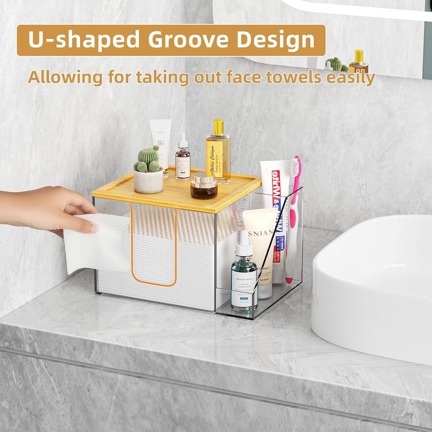 VITVITI Disposable Face Towel Holder Box, Acrylic Clean Skin Club Facial Towel Container with Toothbrush Holders, Large Disposable Face Towels Storage for Bathroom Vanity Makeup, Clear
