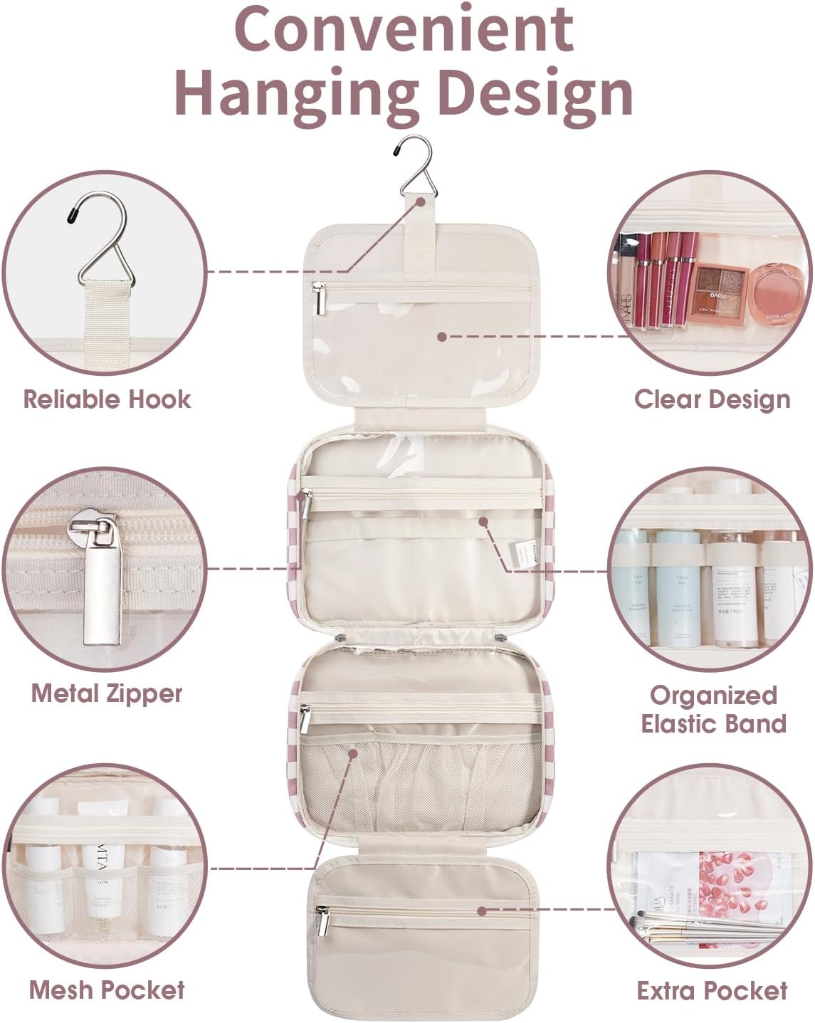 Narwey Hanging Toiletry Bag for Women Travel Makeup Bag Organizer Toiletries Bag for Travel Size Essentials Accessories Cosmetics (Dusty Pink Checkerboard (Medium))