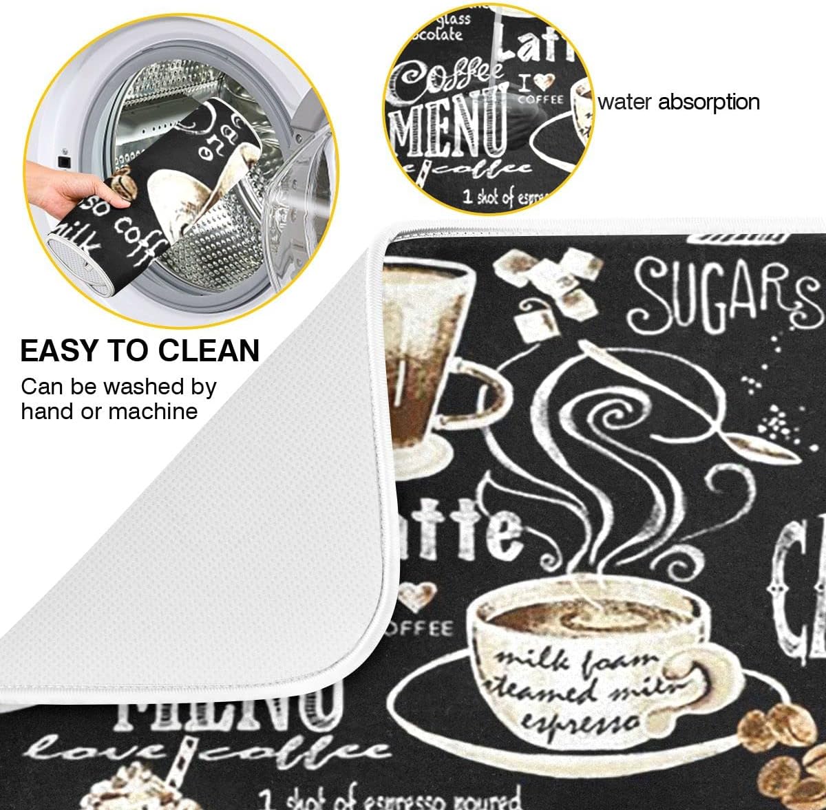 Coffee Black Dish Drying Mat for Kitchen Coffee Beans Maker Cappuccino Latte Chocolate Microfiber Drying Mats Absorbent Reversible Dish Pad Large Dish Draining Mat 18x24 inch