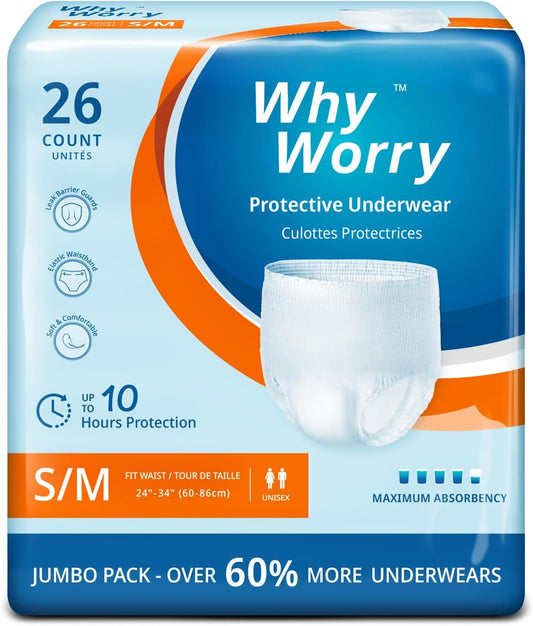 WhyWorry Incontinence Underwear for Women and Men, Disposable Adult Pull Ups with Overnight Absorbency, Leakproof, Unisex, Small/Medium, 26 Count