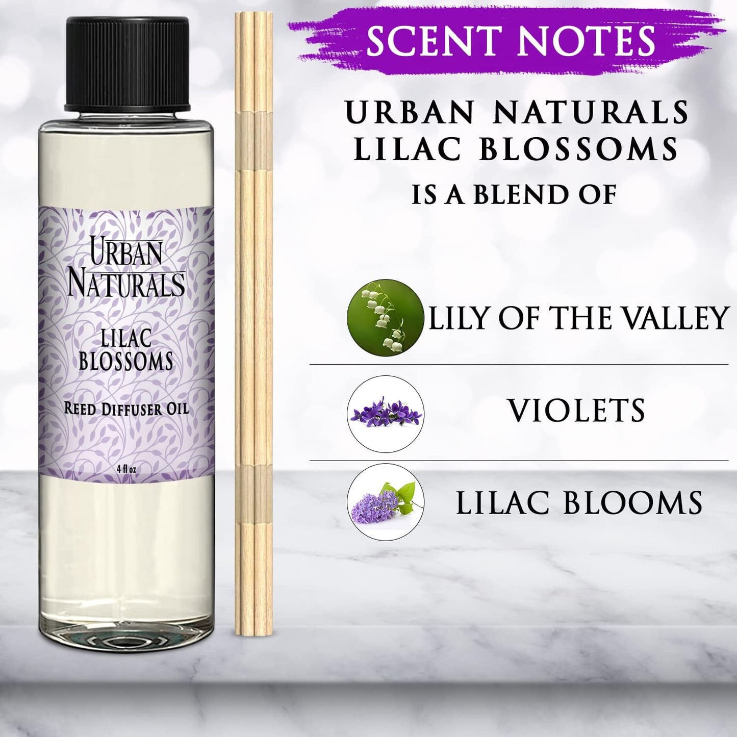 Urban Naturals Reed Diffuser Oil Refill, Lilac Blossoms Oil for Diffuser with Lilac, Violets, Lily of The Valley, 4 oz + Free Reed Sticks, Made in The USA