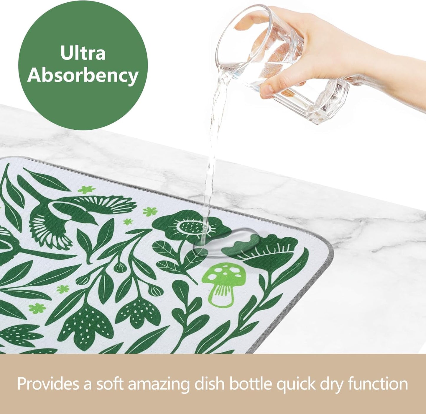 SHIYUE Dish Drying Mat for Kitchen Counter Super Absorbent Spring Kitchen Decor Microfiber Drying Matainers Rack Fast Pad Dish Drainer Mats(Green Flower Bird,18''x24'')