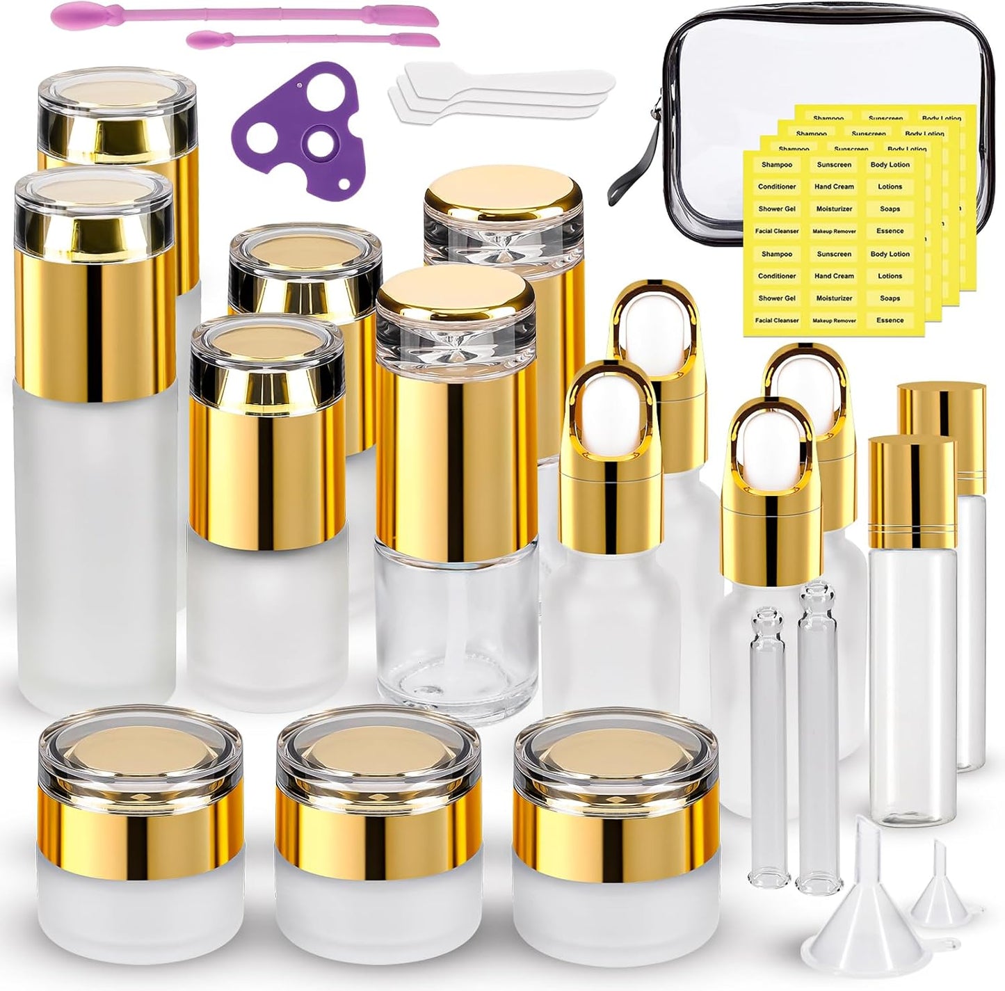 30 Pack TSA Approved Glass Travel Skincare Containers, 1.3/1/0.7/0.3oz Refillable Traveling Size Containers with Pump, Jars & Essential Oil Bottle in Clear Zip Bag, Leak-Proof for Creams & Liquids