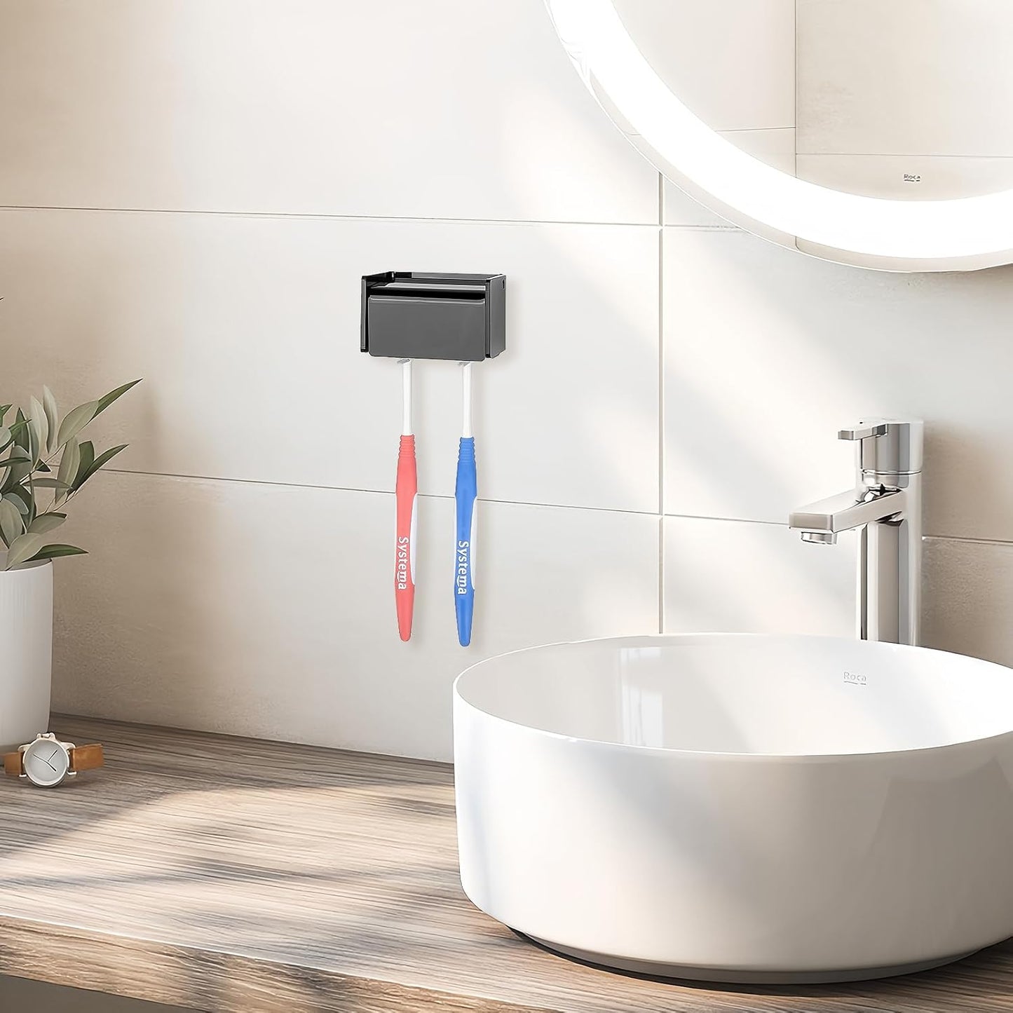 2 Pack Toothbrush Holder Wall Mounted with Cover for Bathroom, 2 Slots Toothbrush Storage Organizer for Shower, Self Adhesive Toothbrush Hanger Rack for Dorm, Cabinet (Black)