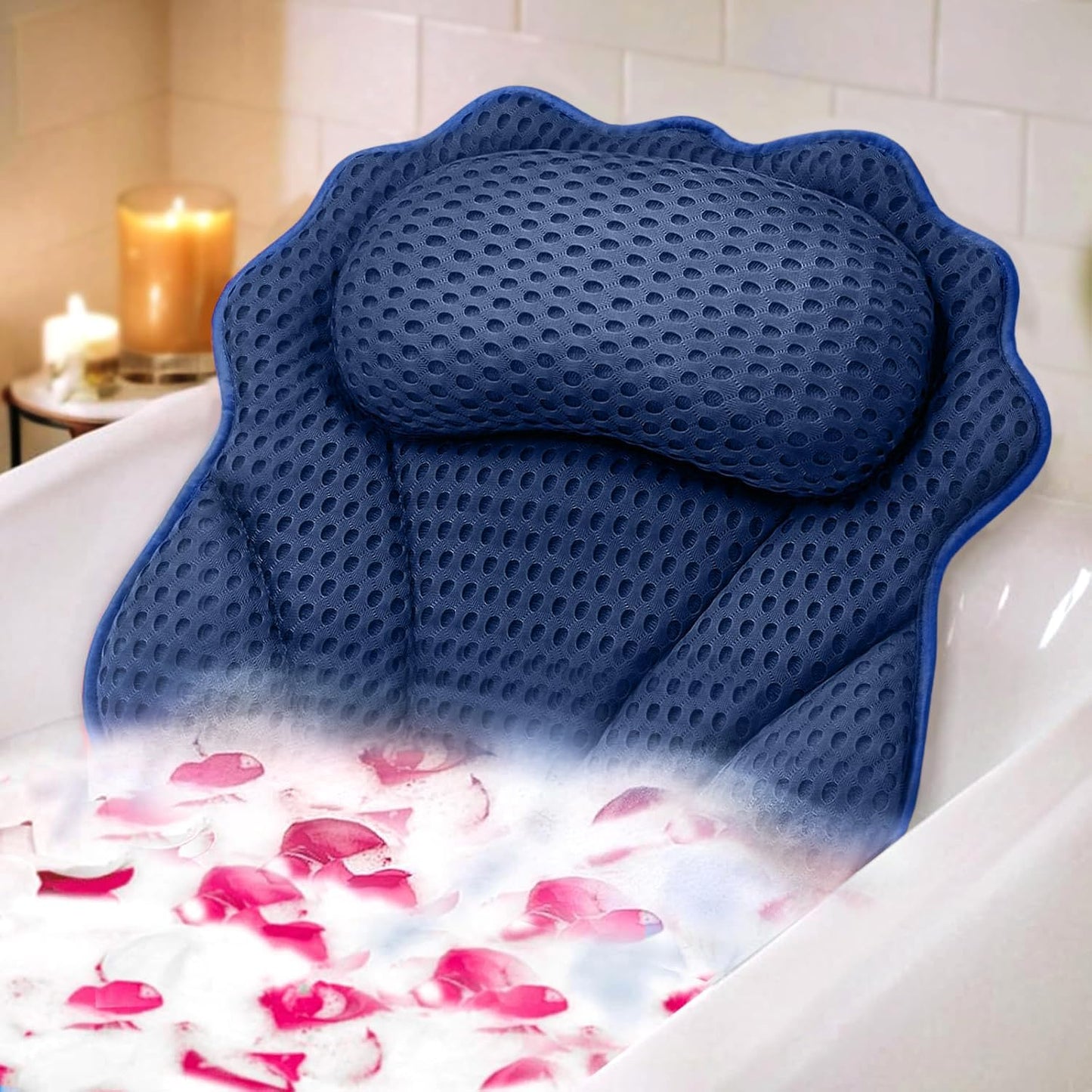 Bath Pillow RUVINCE Ergonomic Luxury Bathtub Pillow with Head,Neck, Shoulder and Back Support, 4D Bath Pillows for tub with 6 Powerful Suction Cups, Fits All Bathtub, Spa Tub, Hot Jacuzzi (Dark Blue)
