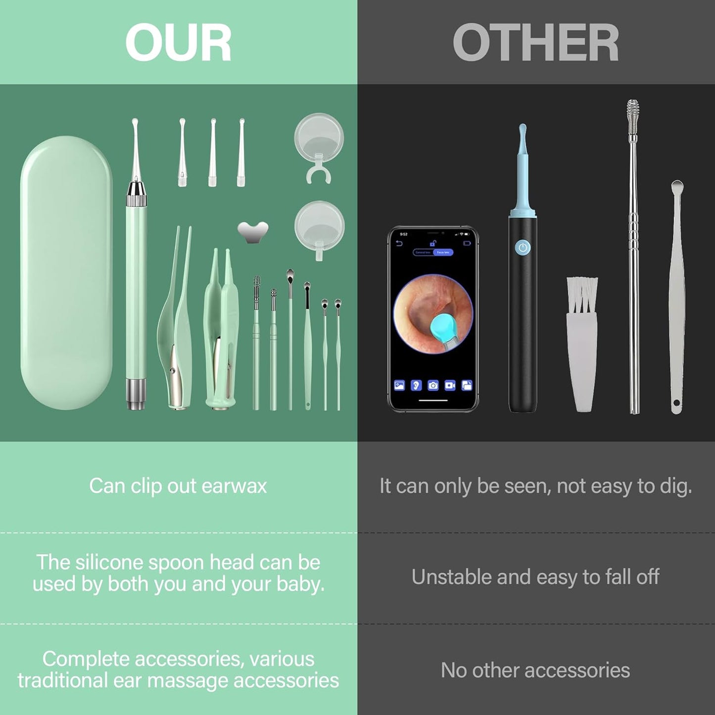 POZILAN Ear Cleaning Kit with LED Light - 15 Pack Ear Wax Removal Kit for Kids and Adults, Earwax Spoon Digger & Tweezers for Ear Cleaning Tool Present Set（Green）