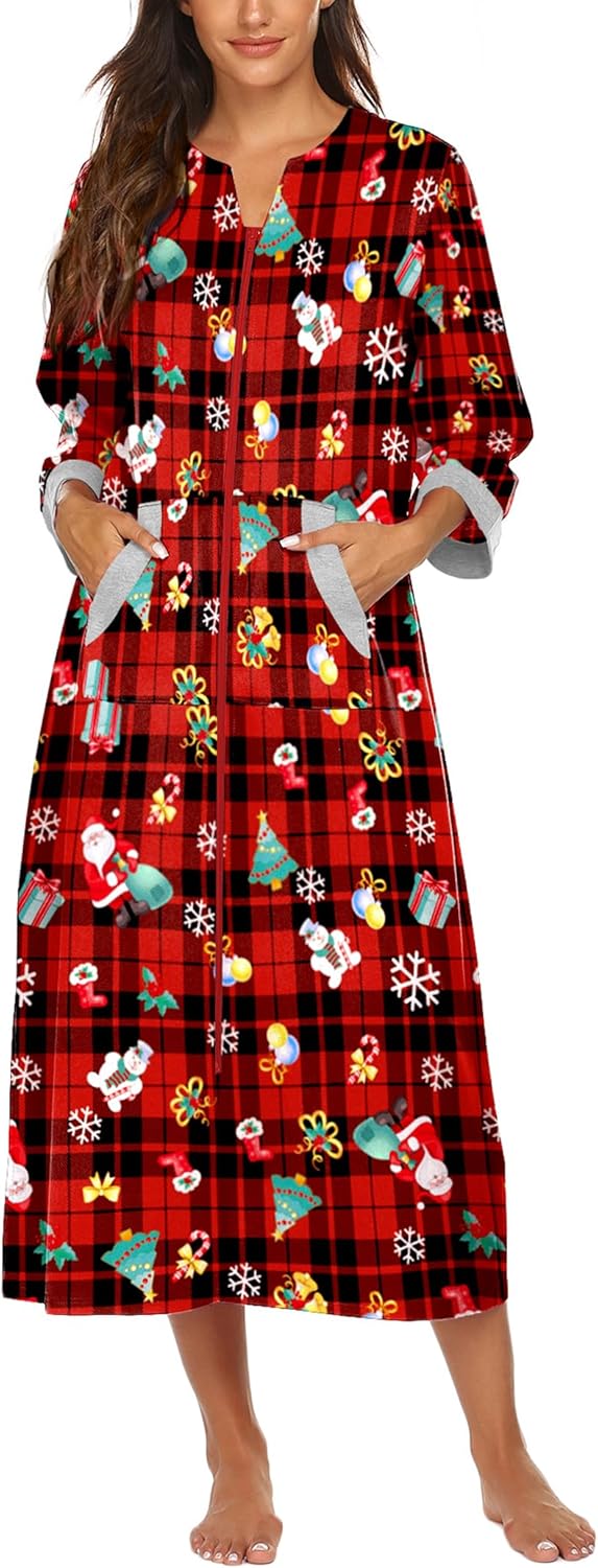 Ekouaer Women Zipper Robe 3/4 Sleeves Loungewear Dress Full Length Sleepwear Pockets Housecoat Nightgown Long Bathrobe