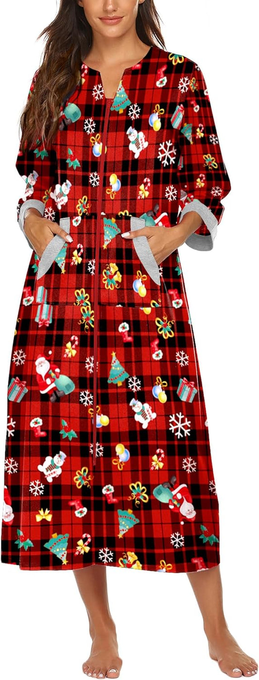 Ekouaer Women Zipper Robe 3/4 Sleeves Loungewear Dress Full Length Sleepwear Pockets Housecoat Nightgown Long Bathrobe