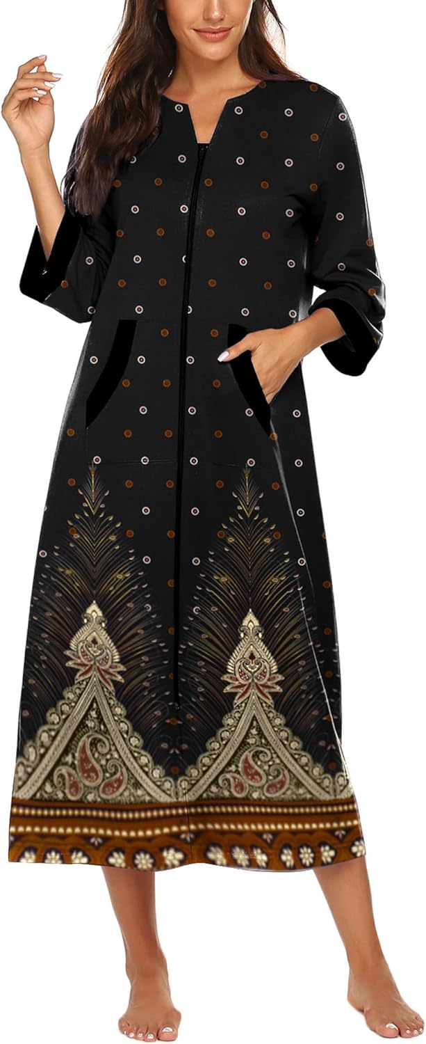 Ekouaer Women Zipper Robe 3/4 Sleeves Loungewear Dress Full Length Sleepwear Pockets Housecoat Nightgown Long Bathrobe