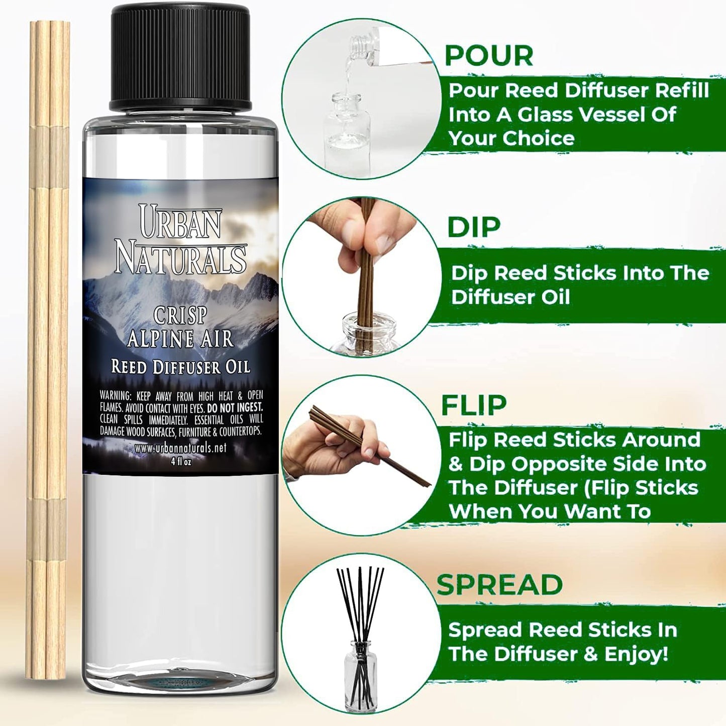 Urban Naturals Reed Diffuser Oil Refill, Crisp Alpine Air Diffuser Oils with Eucalyptus, Pine, Citrus, 4 oz + Free Reed Sticks, Made in The USA