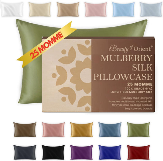 25 Momme Premium Mulberry Silk Pillowcase for Hair and Skin | Handcrafted Hypoallergenic & Anti-Acne Green Silk Pillow Cases with Zipper | Standard - 20" x 26", Jungle