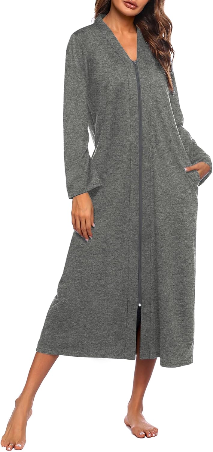 Ekouaer Women Zipper Robe Long Sleeve Loungewear Lightweight Housecoat Full Length Nightgown with Pockets