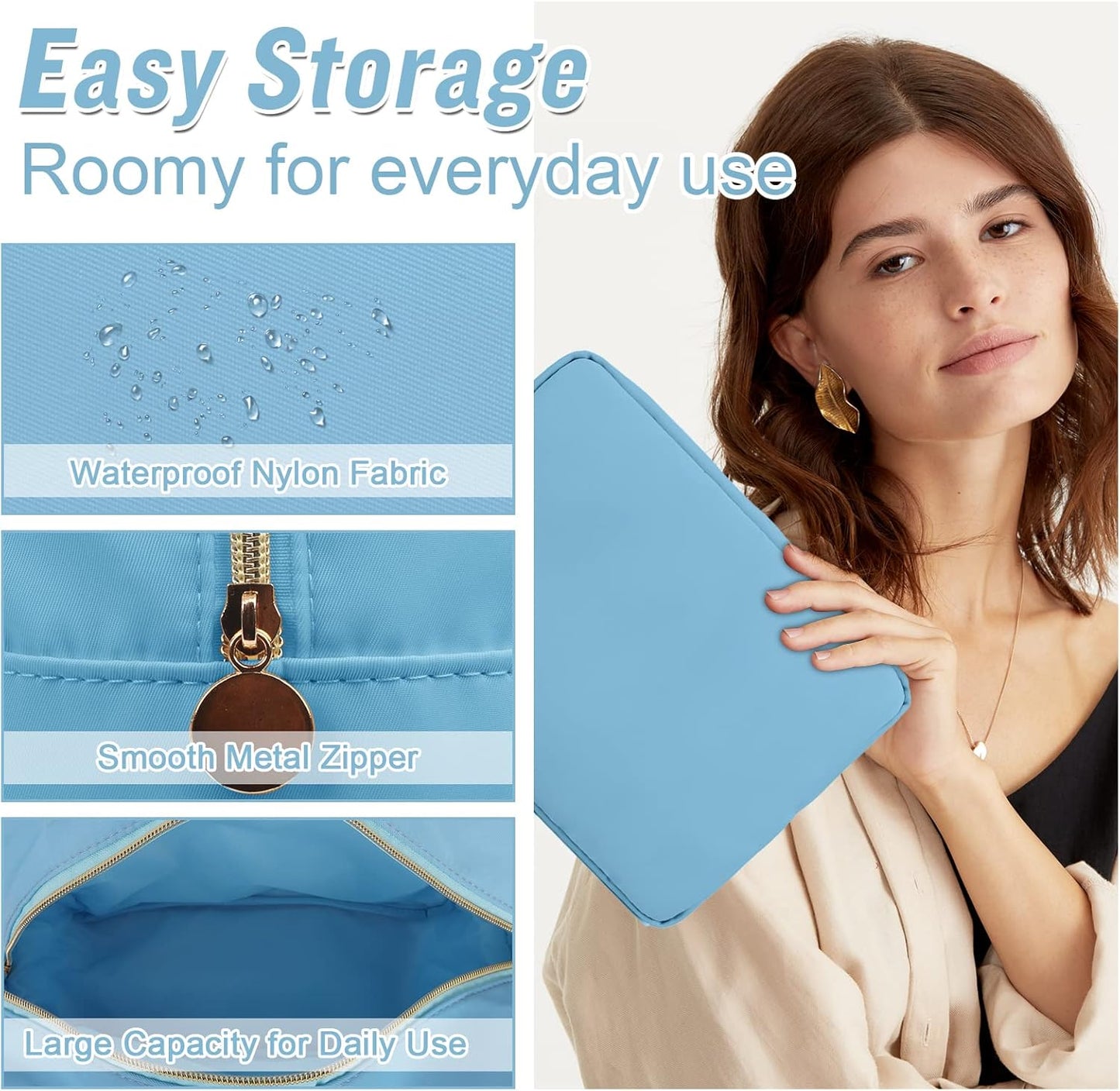 Nylon Large Makeup Bag Travel Cosmetic Bag Pouch, Preppy Big Makeup Bag Cute Cosmetic Zipper Pouch Purse, Waterproof Toiletry Bag Clutch Make Up Organizer Travel Essentials for Women Men Girls(Blue)