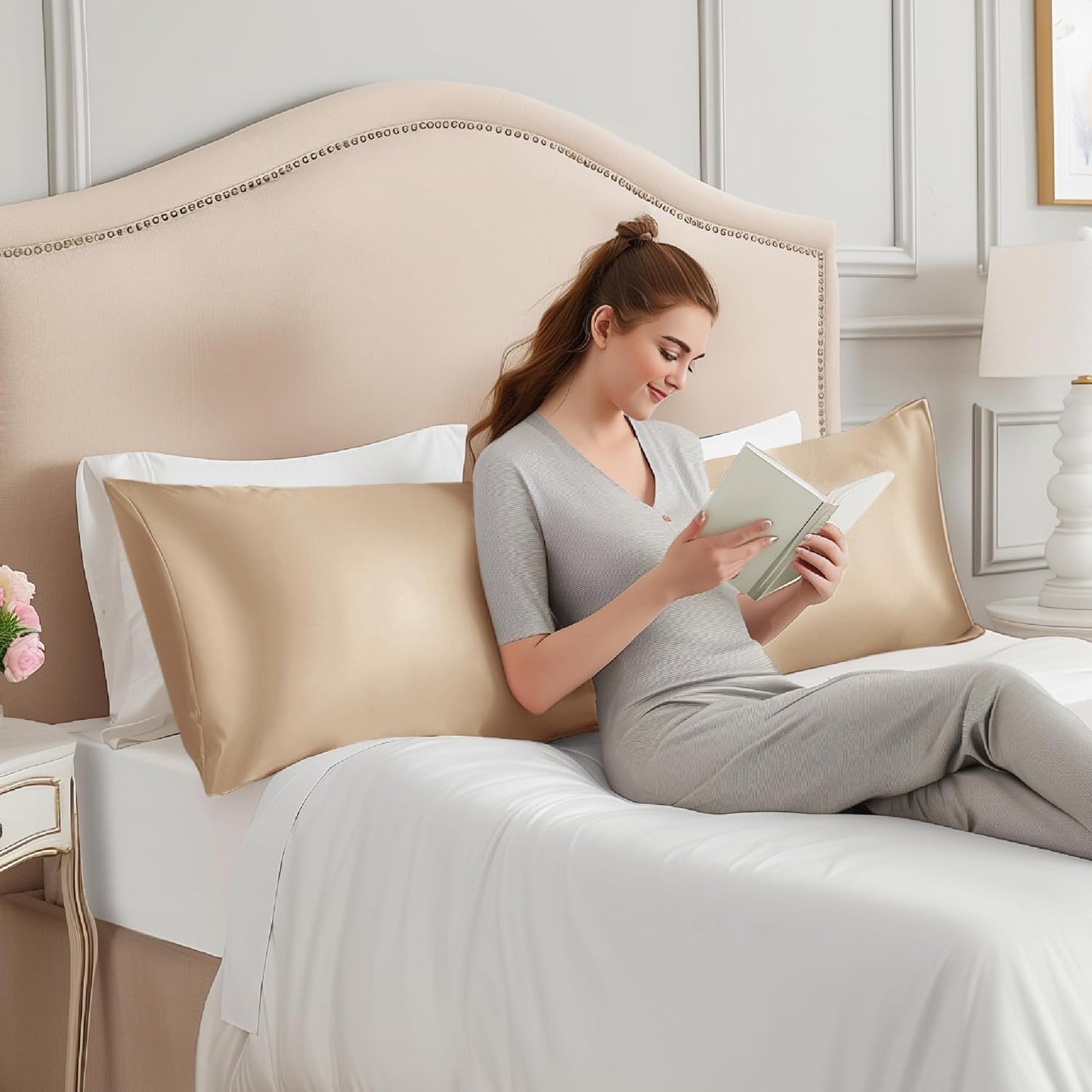 INFIIXSO Body Pillow Cover with Zipper, Luxury Mulberry Silk Body Pillow Case 20x54 Inches, Ultra Smooth and Soft Cooling Long Pillowcase, Gift for Women, Men(Champagne)