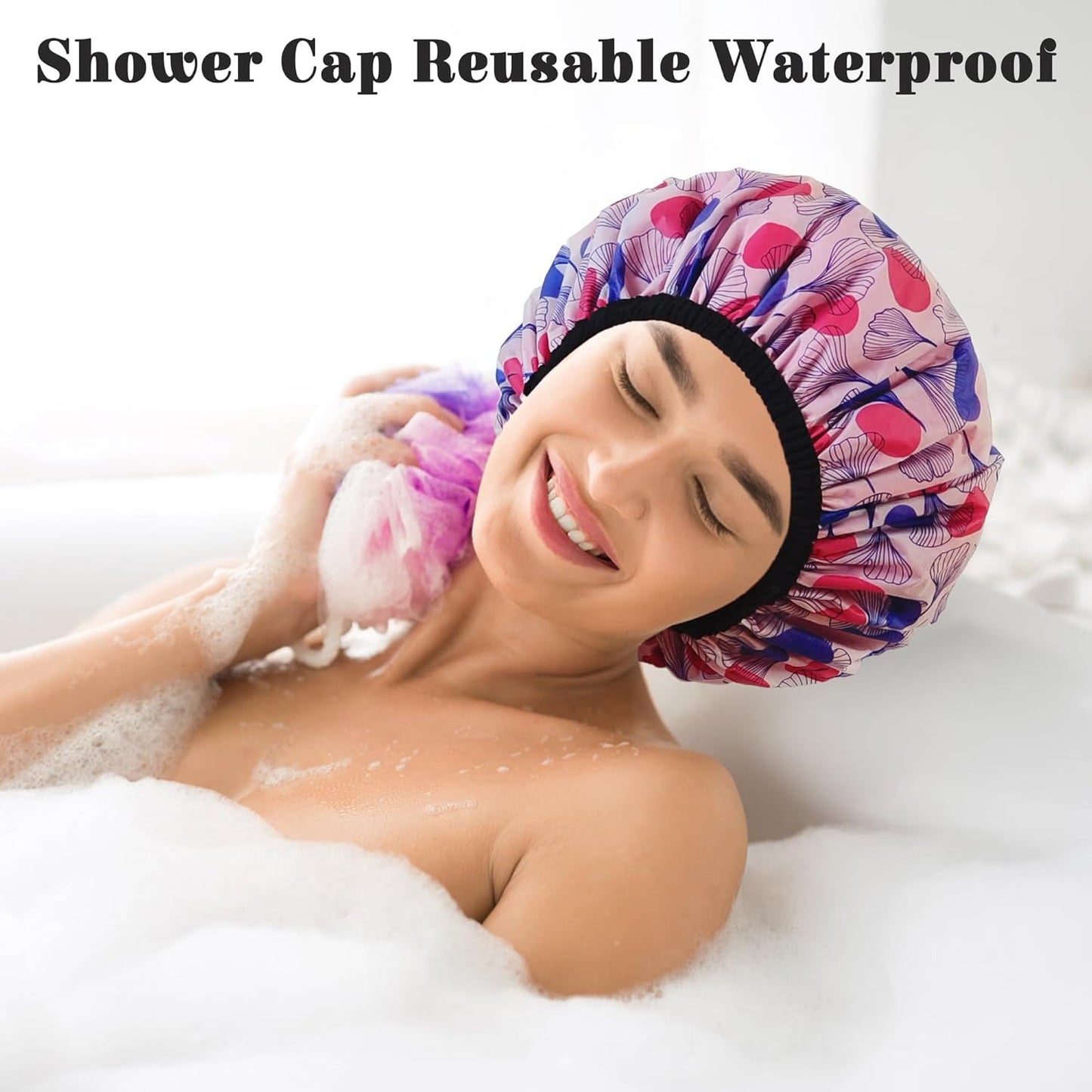 Shower Cap for Women, Shower Caps Reusable Waterproof, Large Plastic Satin Lined Shower Cap for Braids Long Hair