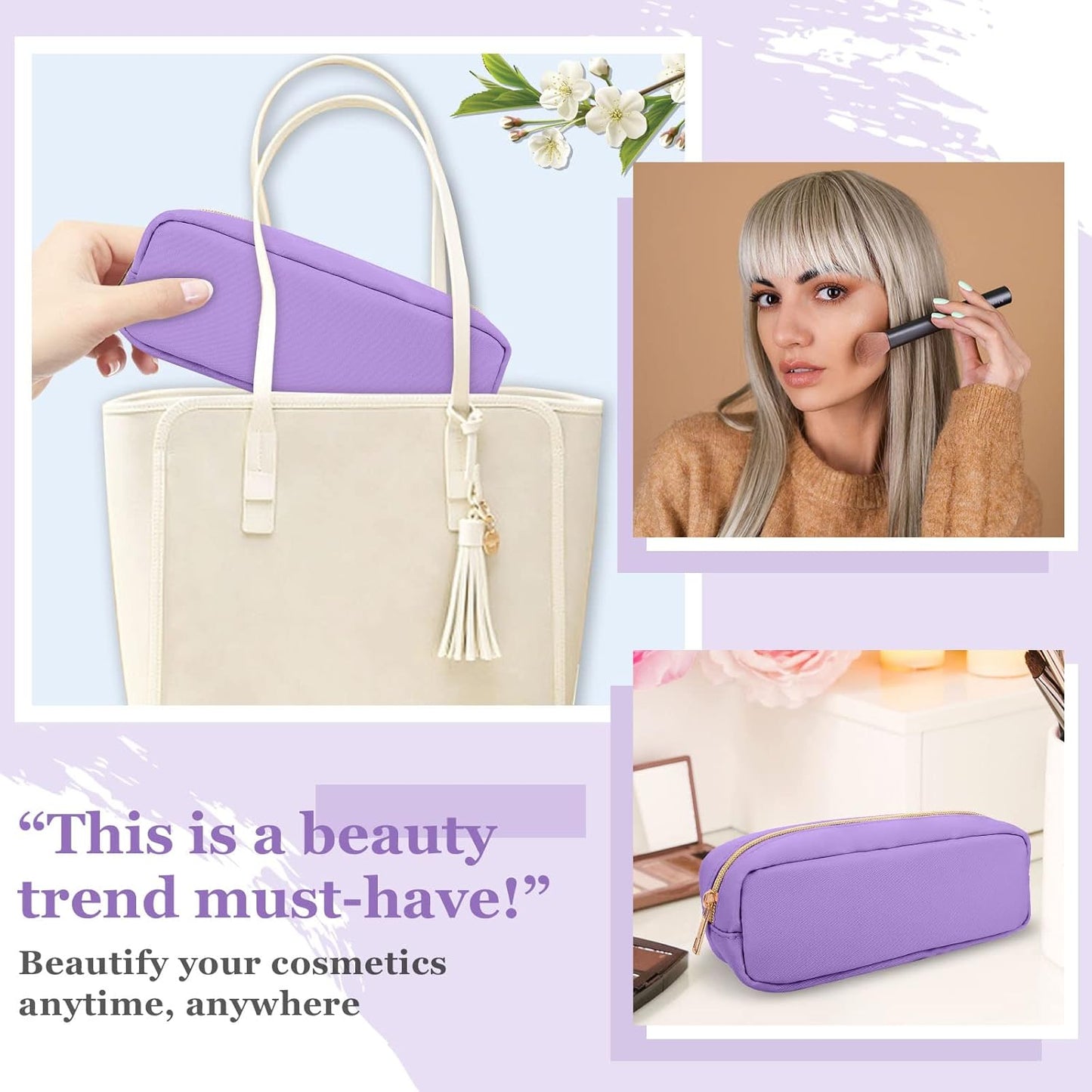 izuzta Nylon Small Makeup Bag Slim Pouch, Preppy Cute Makeup Brush Case Bag Cosmetic Zipper Pouch for Purse, Waterproof Travel Toiletry Bag Clutch Coin Pouch Makeup Organizer for Women Girls(Purple)