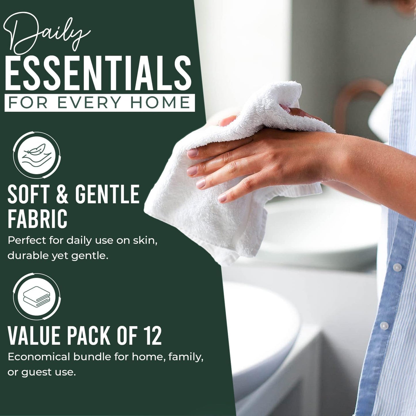 DAN RIVER 100% Cotton Wash Cloths 12 Pack [12x12] Soft & Absorbent Bath washcloths, Gym, Hotels & Spa Perfect for Everyday Use Fingertip Towels, Hunter Green