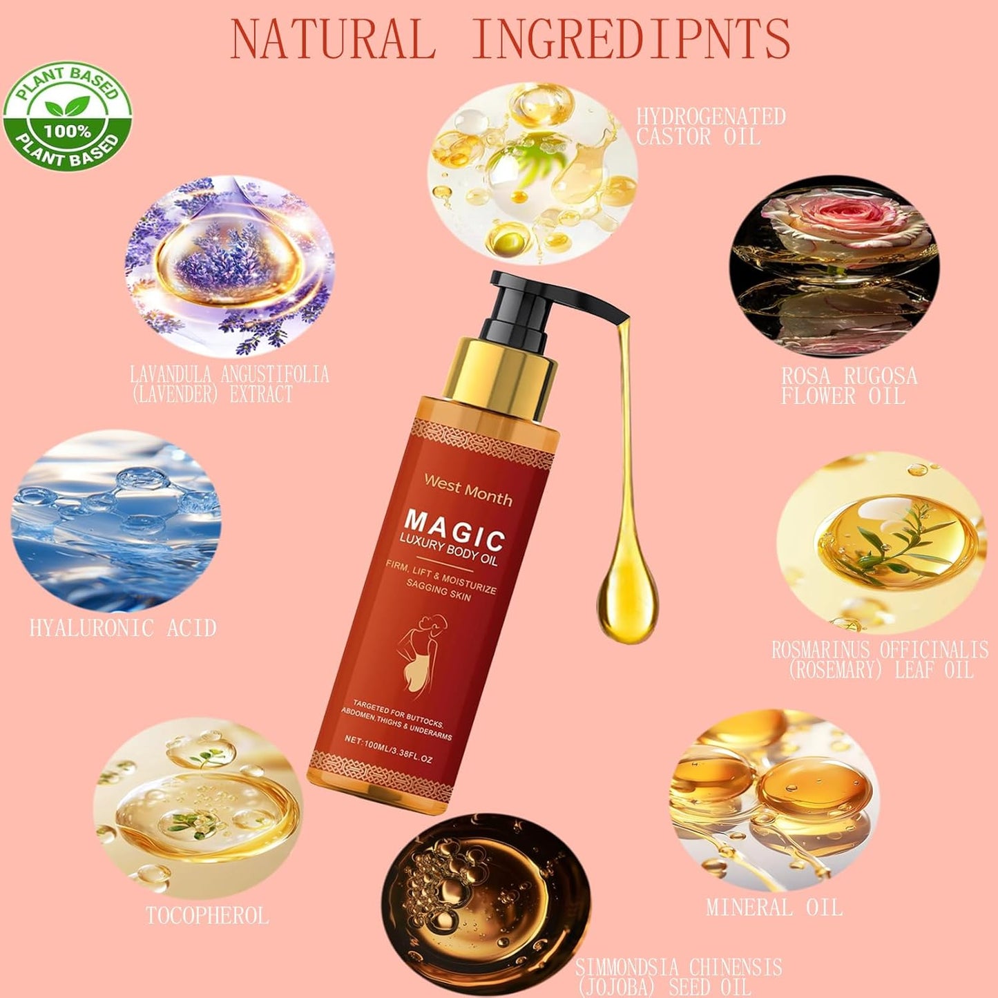 Magic Body Firming Oil – Full Body Use, Hydrating and Firming Skin Oil for Arms, Chest, and Thighs – with Vitamin E, Rosehip
