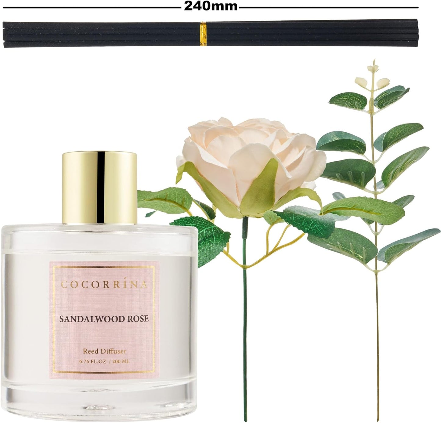 Cocorrina Reed Diffuser Set, Flower Reed Diffuser Sandalwood Rose 6.7 oz, Scented Diffuser with Sticks Home Fragrance Essential Oil for Bathroom Shelf Decor, Living Room, Large Room, 1pack