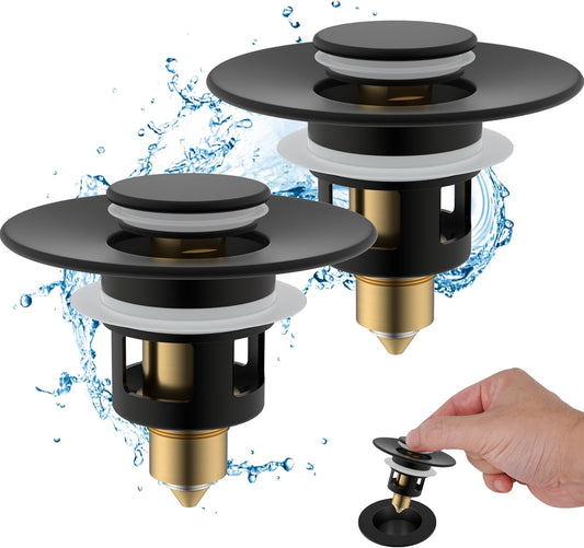 Hibbent 2 Pack All Metal Universal Bathroom Sink Stopper for 1.1''~2.3'' Basin, Pop Up Sink Drain Strainer, Brass Bullet Core Push Type Stopper, Stainless Steel Anti Clogging Drain Filter, Matte Black