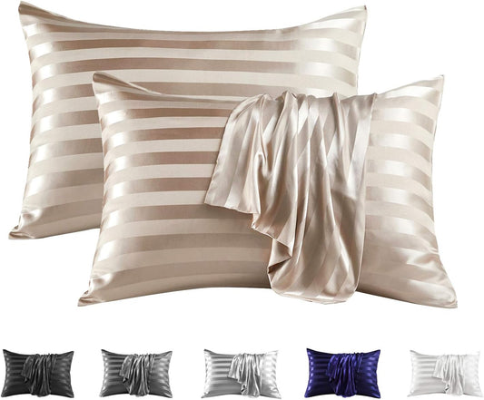 MR&HM Satin Pillowcase for Hair and Skin, Silk Satin Pillowcase 2 Pack, Standard Size Pillow Cases Set of 2, Silky Pillow Cover with Envelope Closure (20x26, Champagne Striped)
