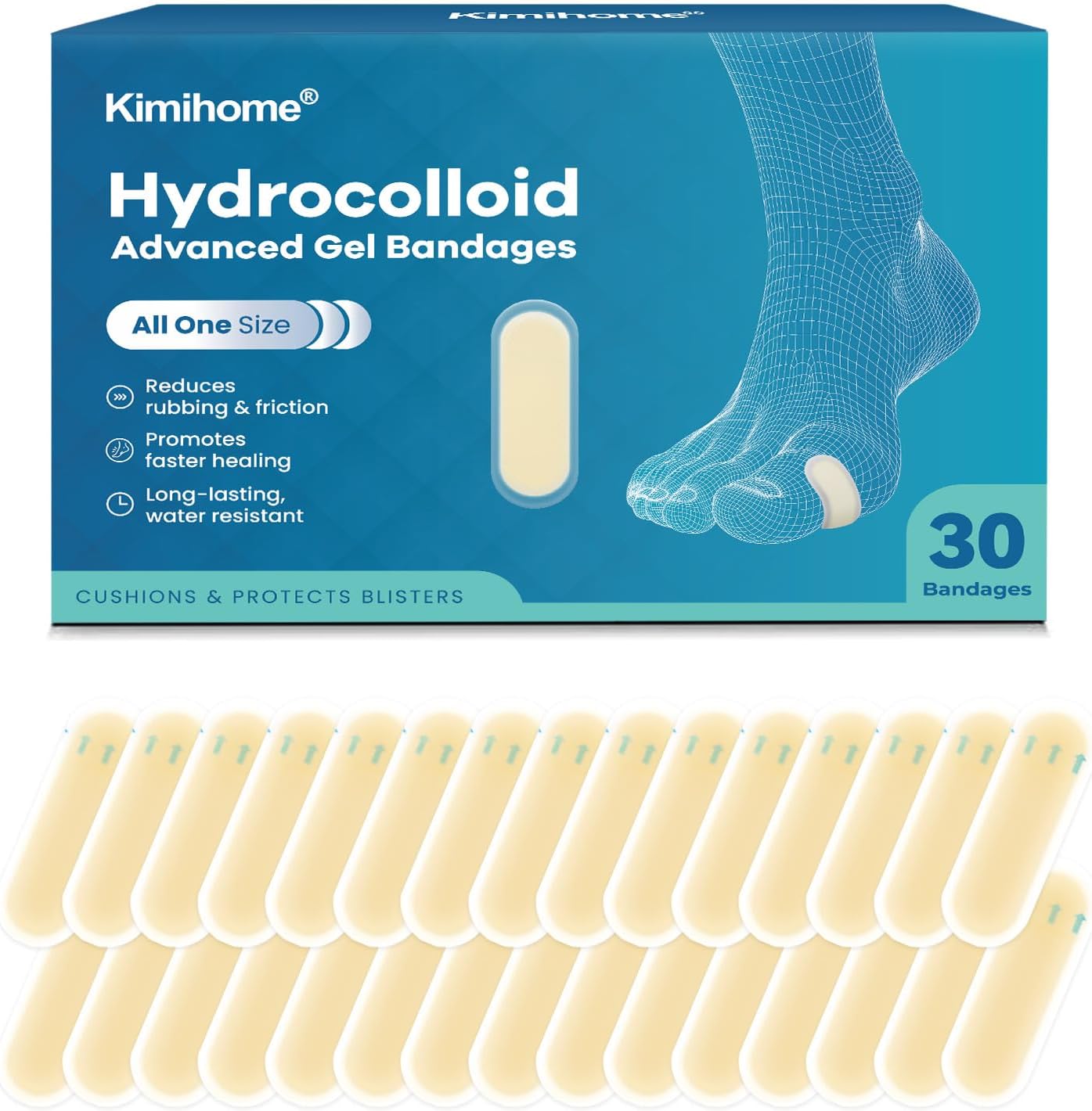 Hydrocolloid Blister Bandages for Feet - 30ct Gel Blister Bandages - Blister Cushions for Heel, Toe - Blister Prevention for Travel - Water Resistant Bandages Pads (Spot Pack)