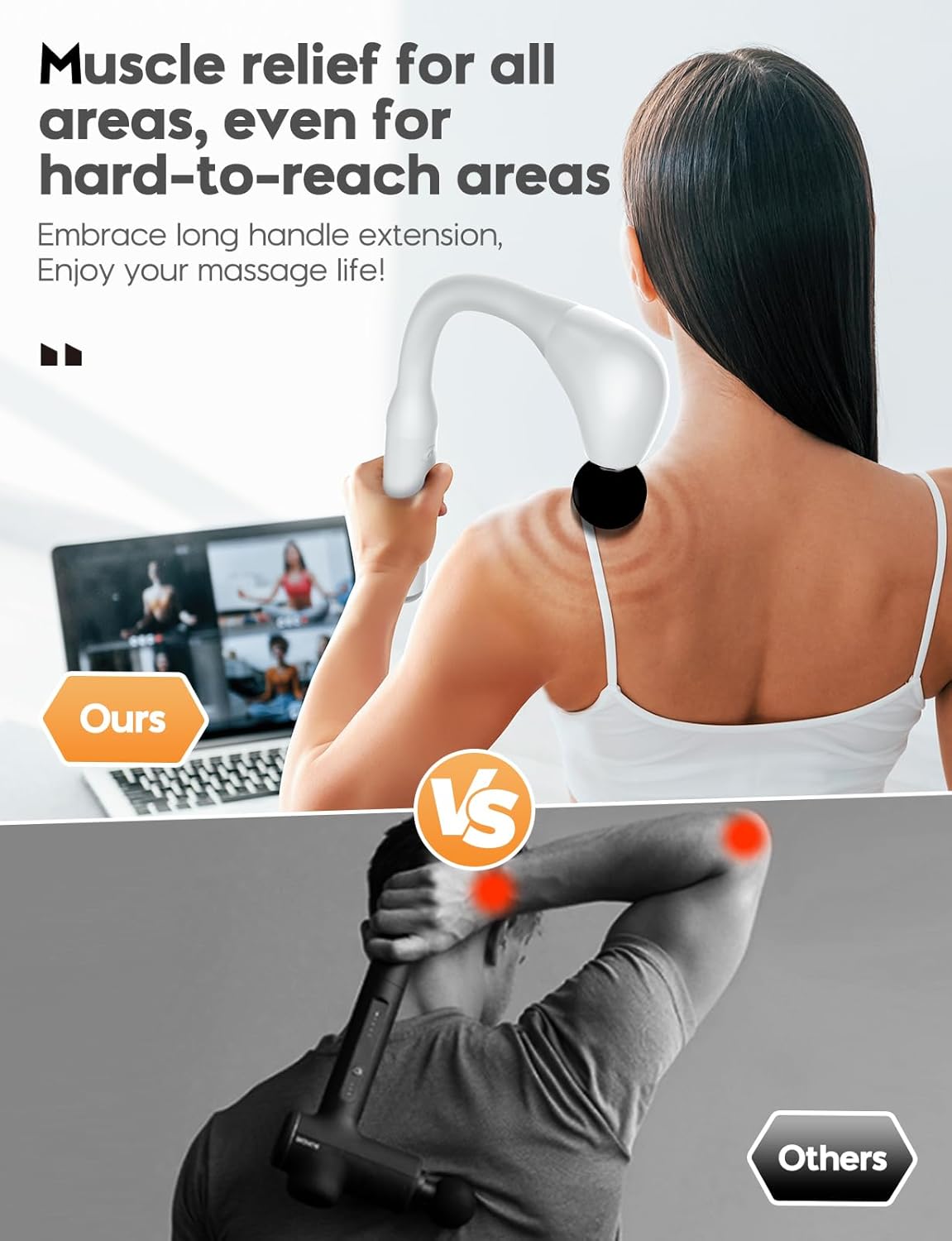 FVZ Massage Gun with Upgraded Extension Handle, 16MM Massage Gun Deep Tissue, Back Massager, Muscles/Neck/Shoulders/Waist/Legs Massager Portable for Pain Relief（White