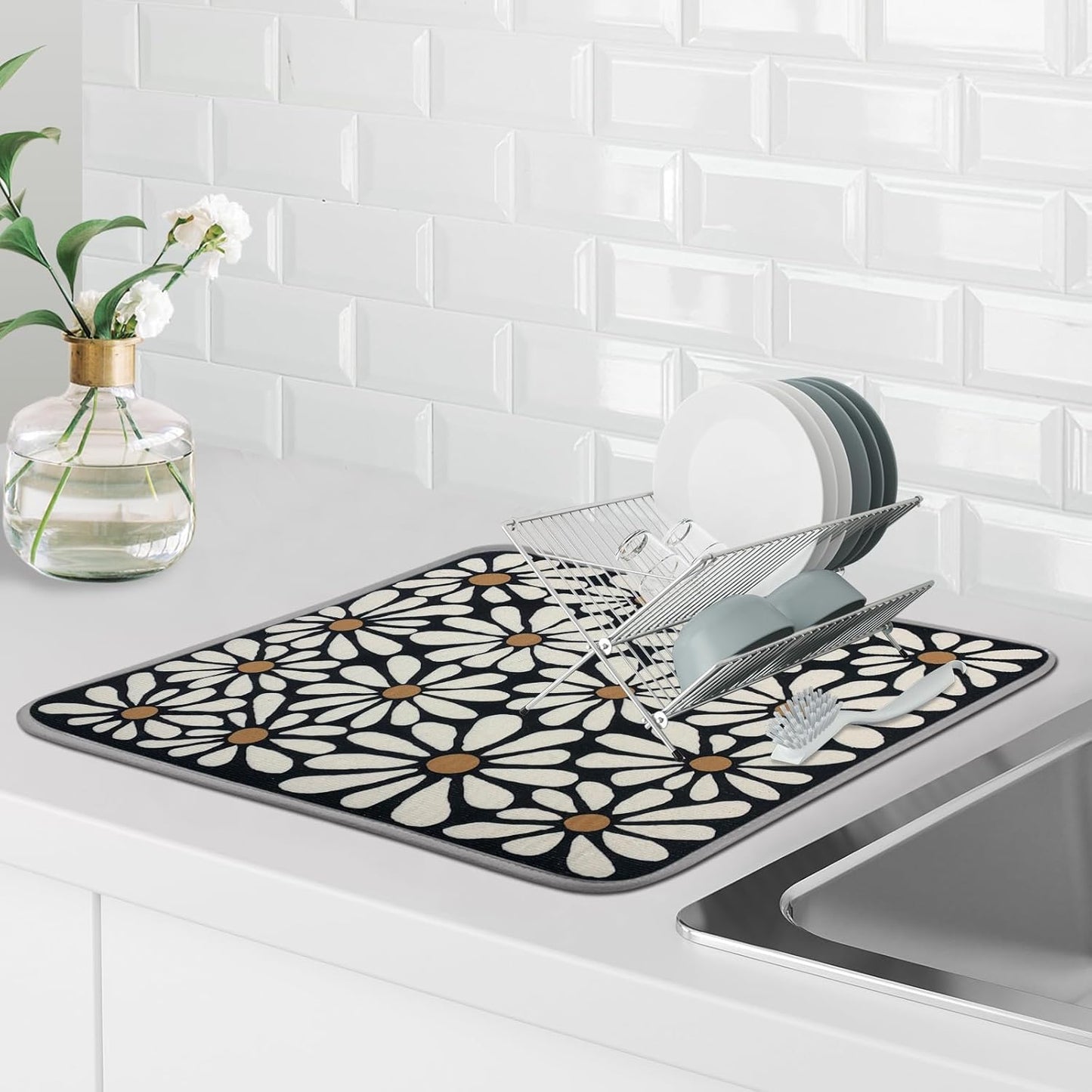 SHIYUE Dish Drying Mat for Kitchen Counter Super Absorbent Spring Kitchen Decor Microfiber Drying Matainers Rack Fast Pad Dish Drainer Mats(Black Flower,18''x24'')