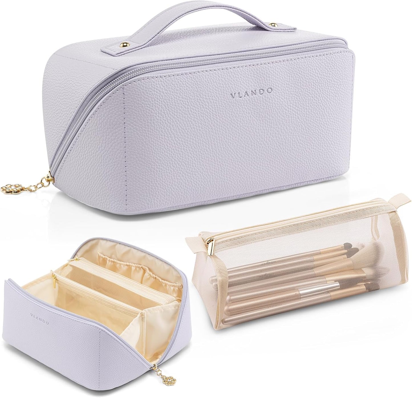 Vlando Makeup Bag,Large Capacity Toiletry Bag for Women Waterproof Portable Make up Pouch PU Leather Open Flat Cosmetic Bag(Purple)