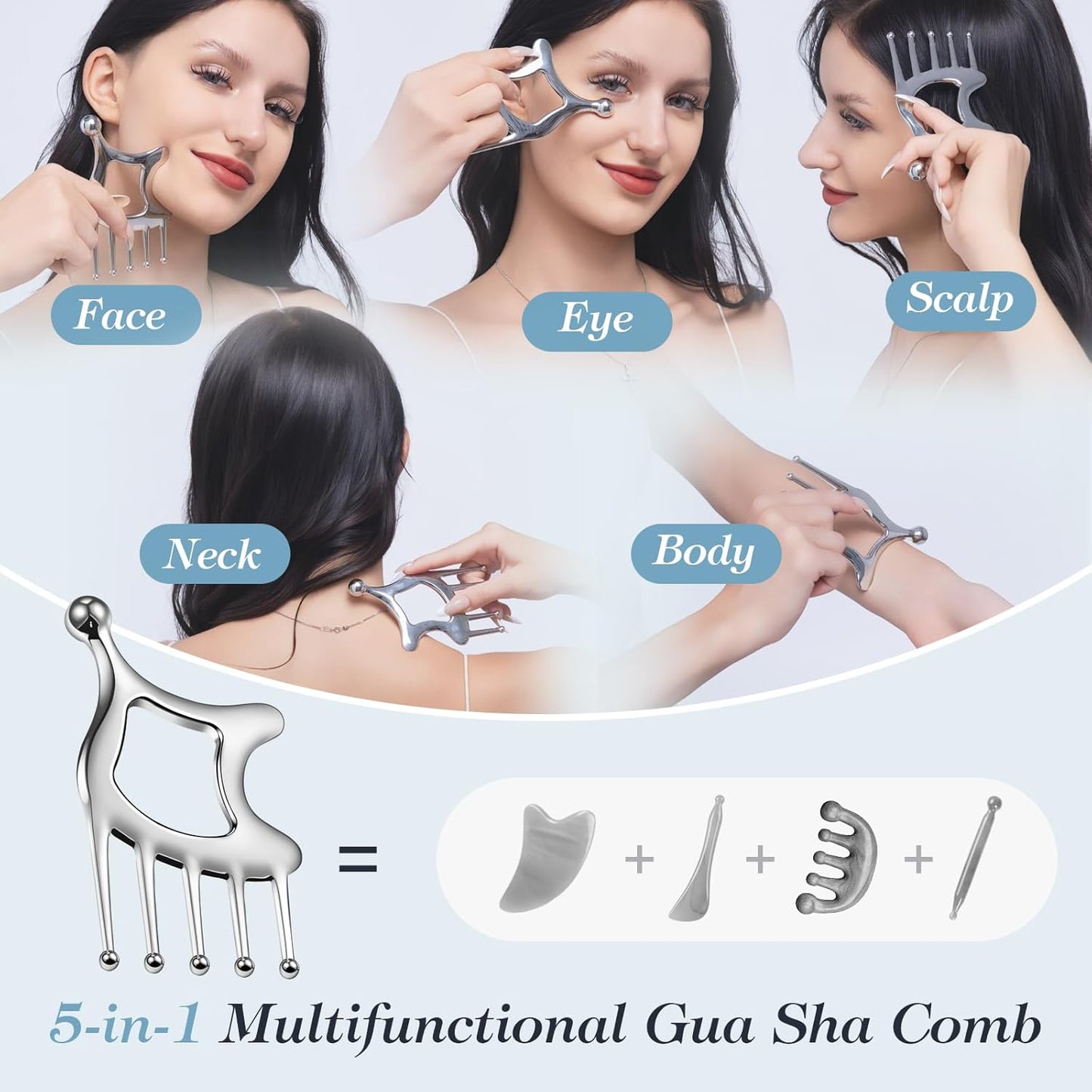 Gua Sha Tool with Handle,5in1 Scalp Massage Tool for Head&face&Body,Protable Scalp Massage Comb Guasha Tool for Deep Relaxation and Relieving Fatigue & Pain,Scalp Massager Gua Sha for Office Home SPA