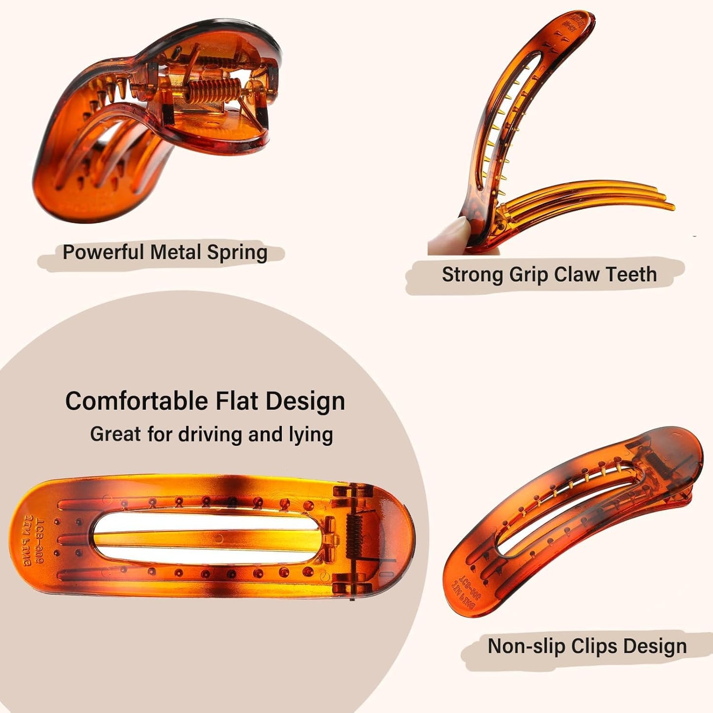 8 PCS Flat Hair Clips, 3 Styles Large Flat Claw Clips for Women, French Strong Hold Non-slip Duckbill Hair Claws for Thin Thick Hair (Tortoise)