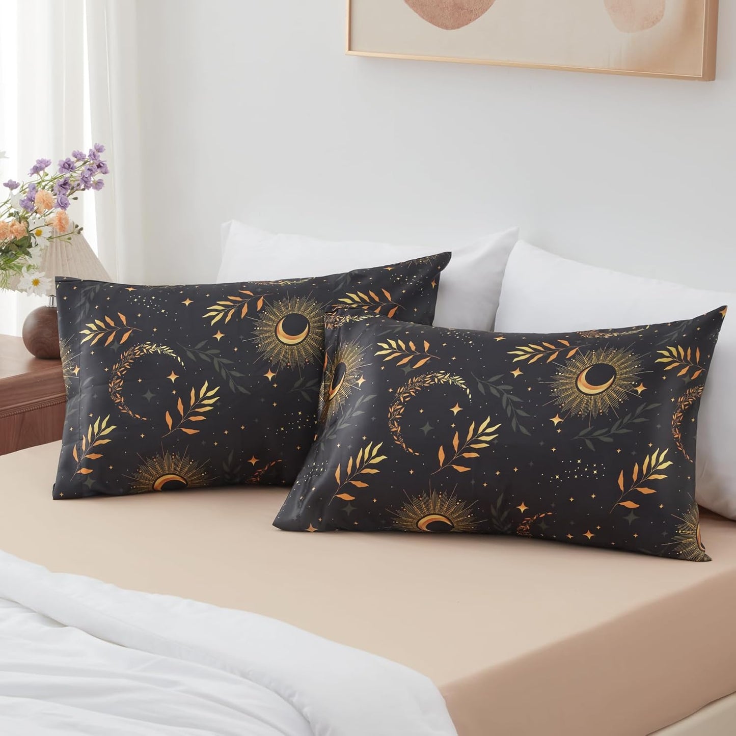EXQ Home Satin Pillowcase for Hair and Skin Queen - Printed Black Moon Silk Pillowcase 2 Pack 20x30 inches - Satin Pillow Cases Set of 2 with Envelope Closure, Gifts for Women