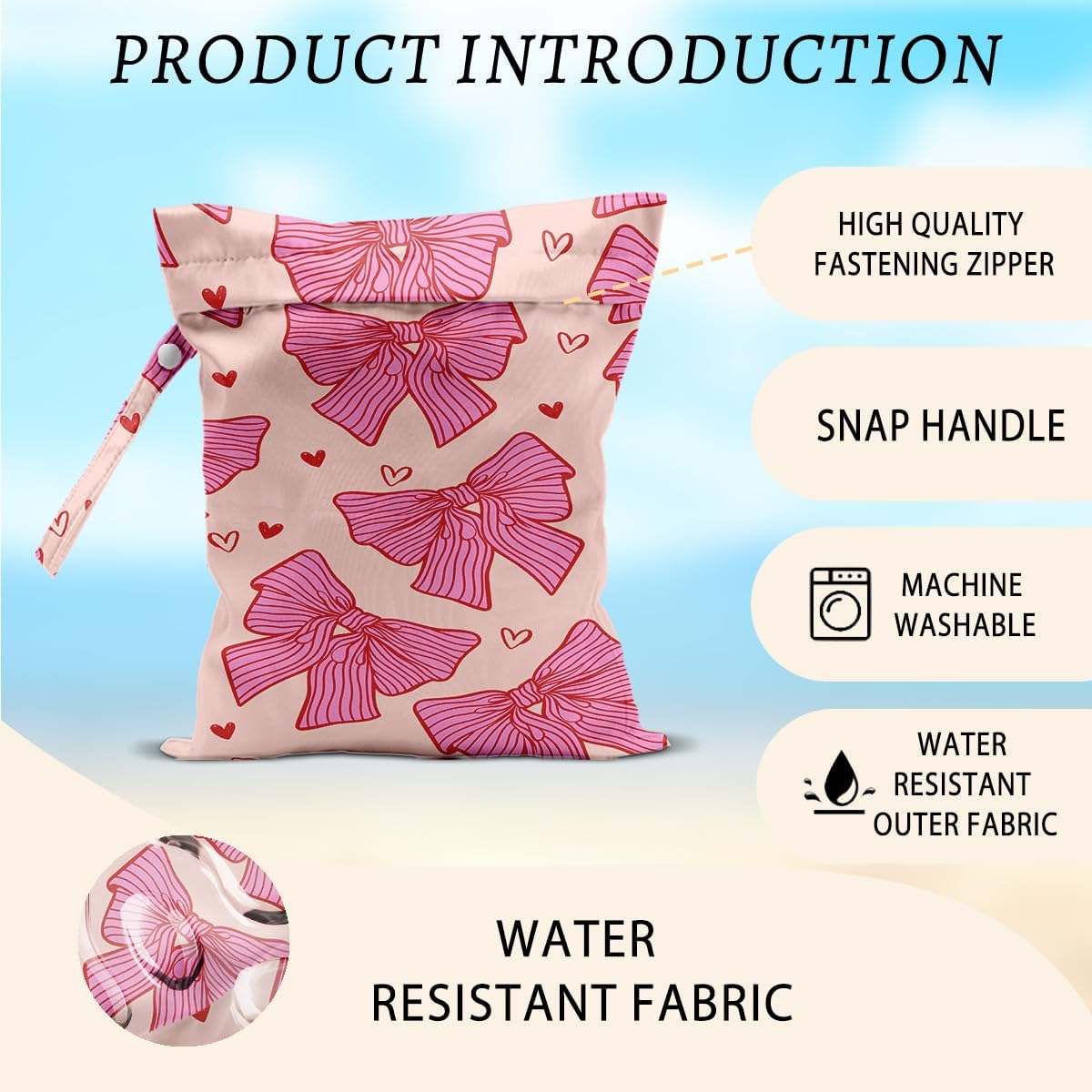 2Pcs Pink Bow Wet Bags 12x10 Inch, Heart Waterproof Travel Laundry Bags, Washable Reusable Wet Dry Bag for Swimsuit Pool Beach Diapers Dirty Yoga Gym Clothes, Pink Gifts for Women Friend Travelers