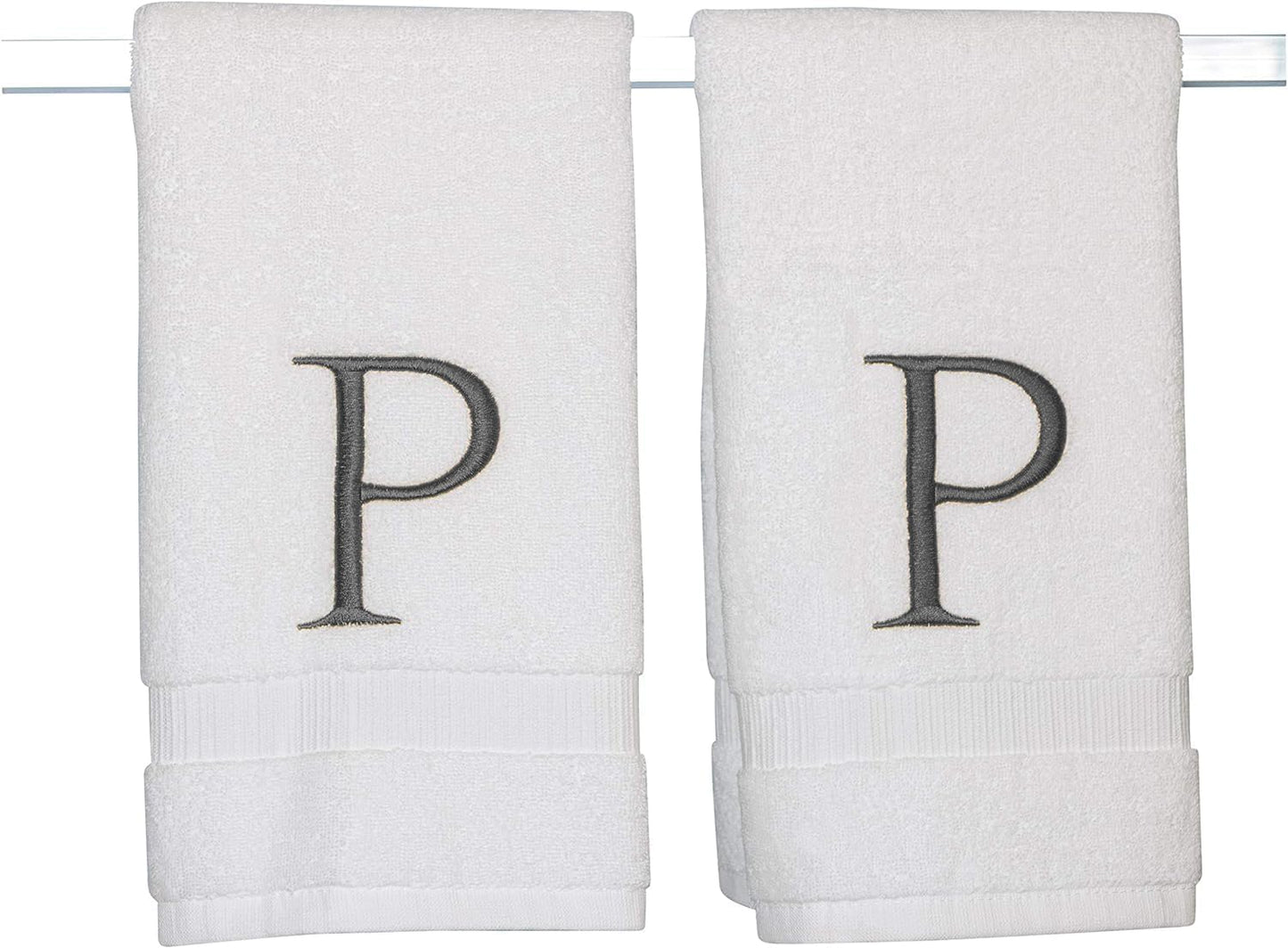 Dark Gray Monogrammed Hand Towel for Bathroom - Initial Hotel Quality Decorative Embroidered Luxury Towel for Powder Room, Spa - GOTS Organic Certified - Set of 2 Letter P